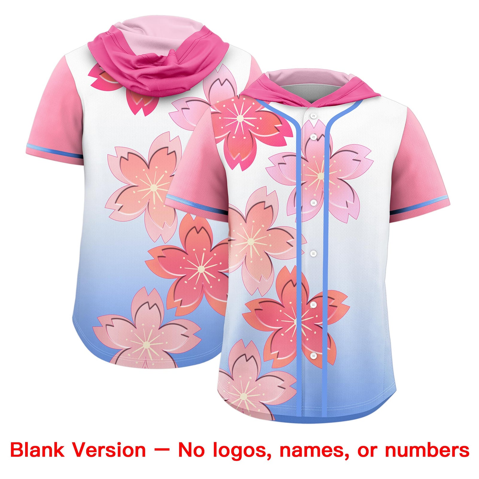 Custom Hooded Baseball Jersey | Pink Light Blue Cherry Blossom Personalized Name & Number Sport Jersey