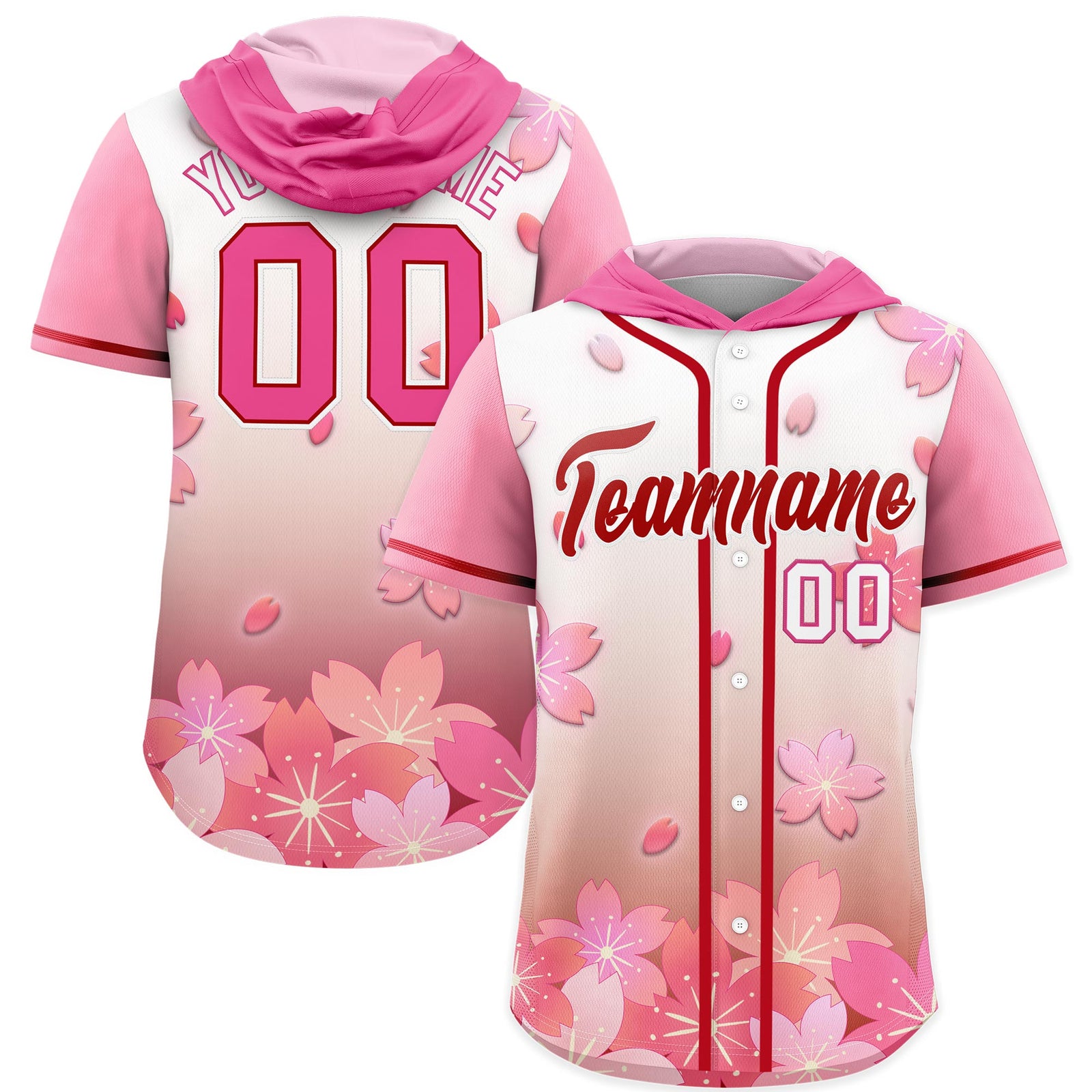 Custom Hooded Baseball Jersey | Pink Red Cherry Blossom Moisture-Wicking Jersey for Men & Women