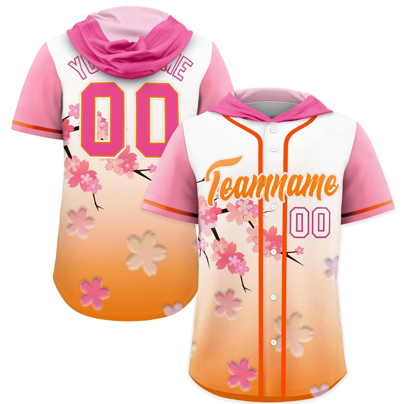 Custom Hooded Baseball Jersey | Pink Orange Cherry Blossom Personalized Name & Number Sport Jersey