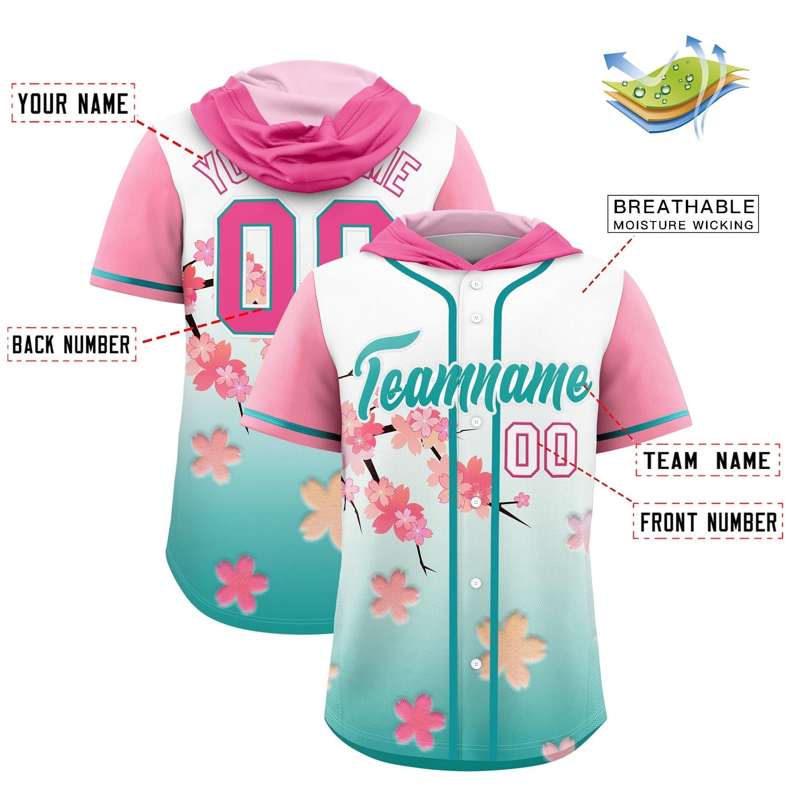Custom Hooded Baseball Jersey | Pink Aqua Cherry Blossom Personalized Name & Number Sport Jersey