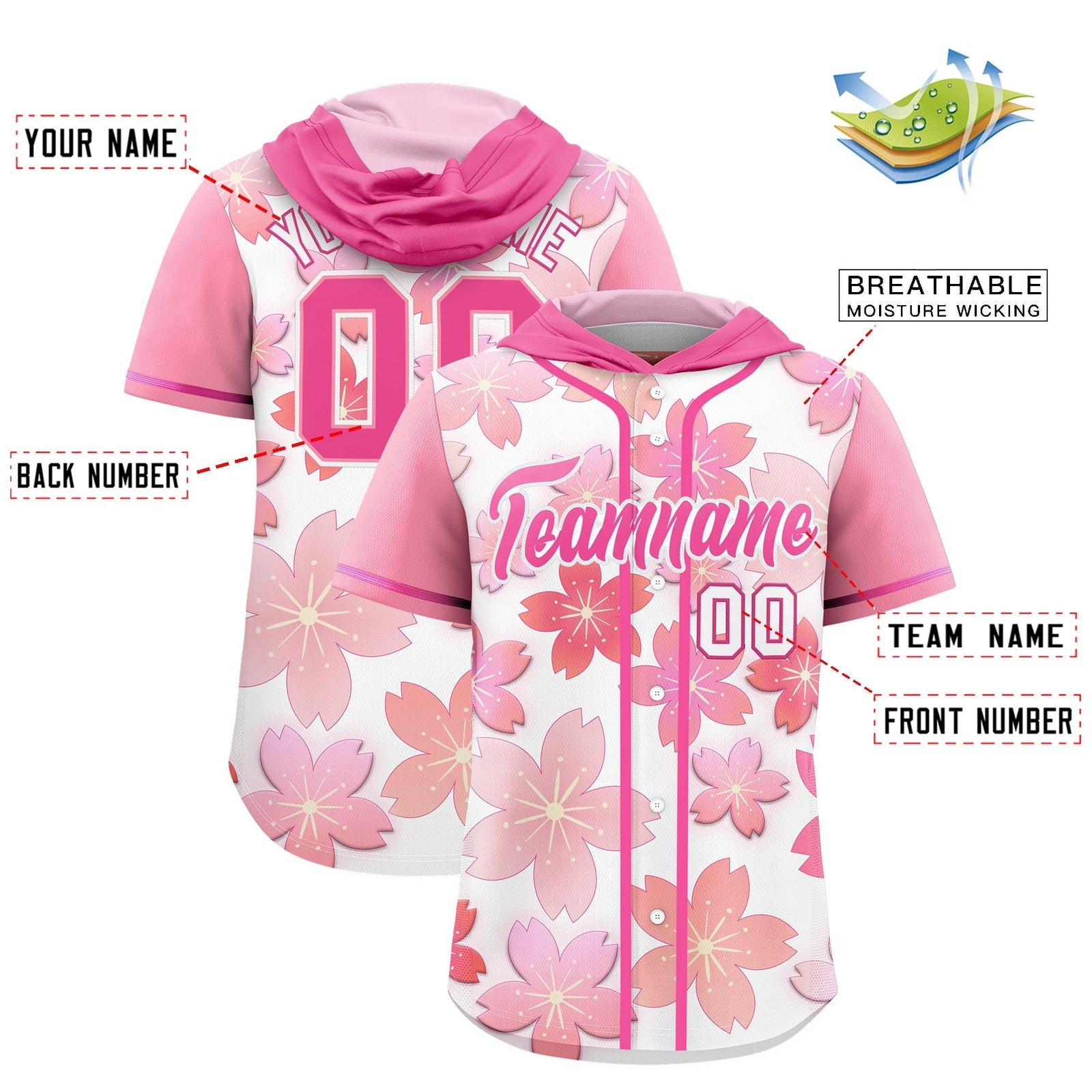 Custom Hooded Baseball Jersey | Pink White Cherry Blossom Moisture-Wicking Jersey for Men & Women