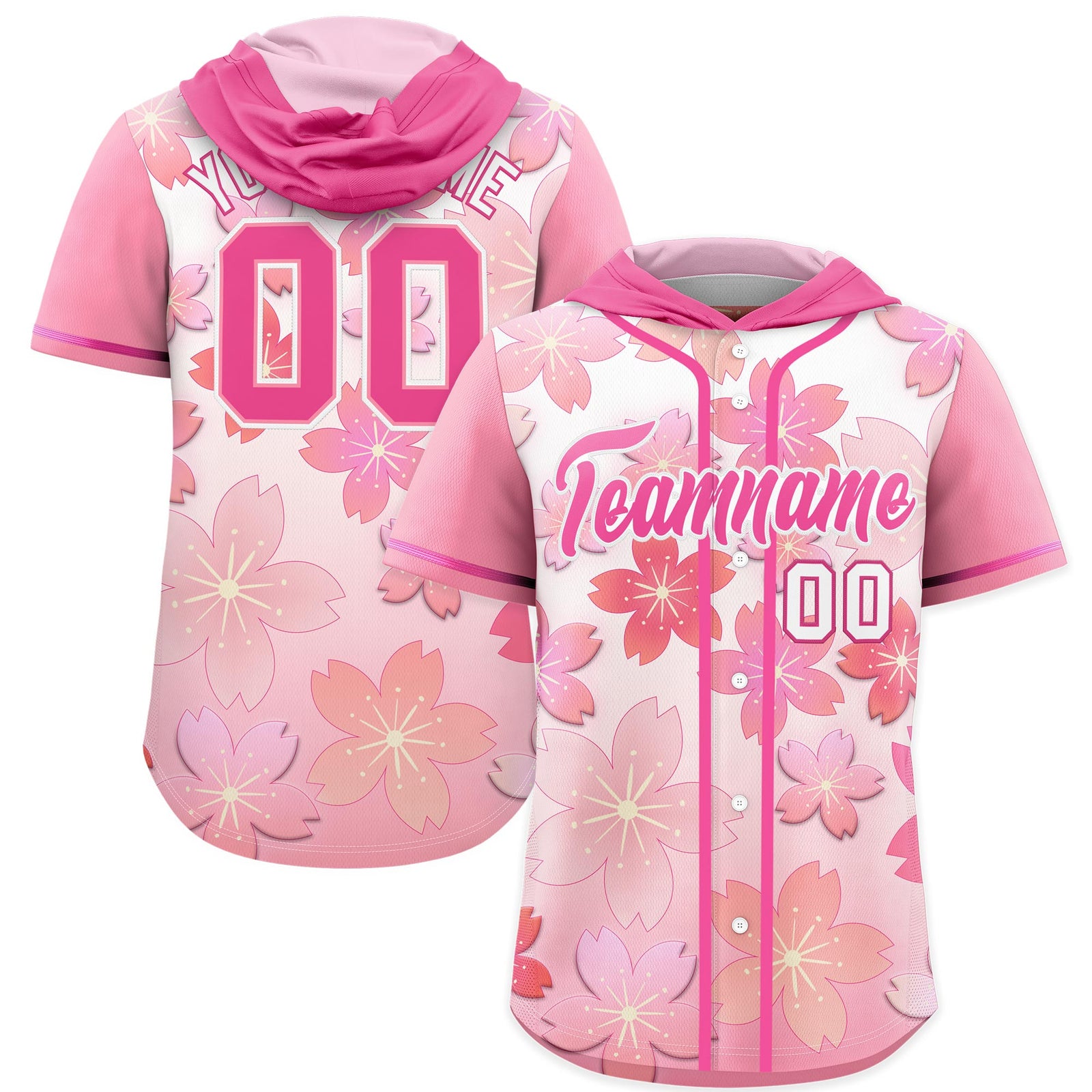 Custom Hooded Baseball Jersey | Pink Pink Cherry Blossom Personalized Name & Number Sport Jersey