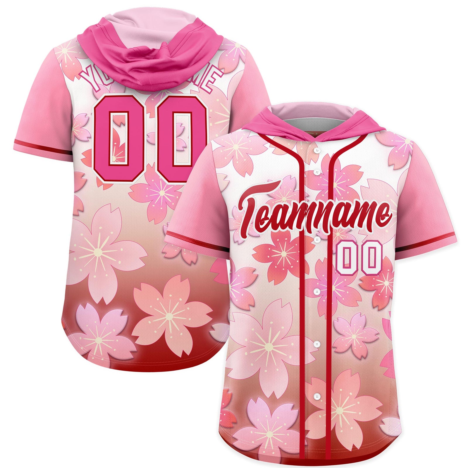 Custom Hooded Baseball Jersey | Pink Red Cherry Blossom Breathable Athleisure Streetwear