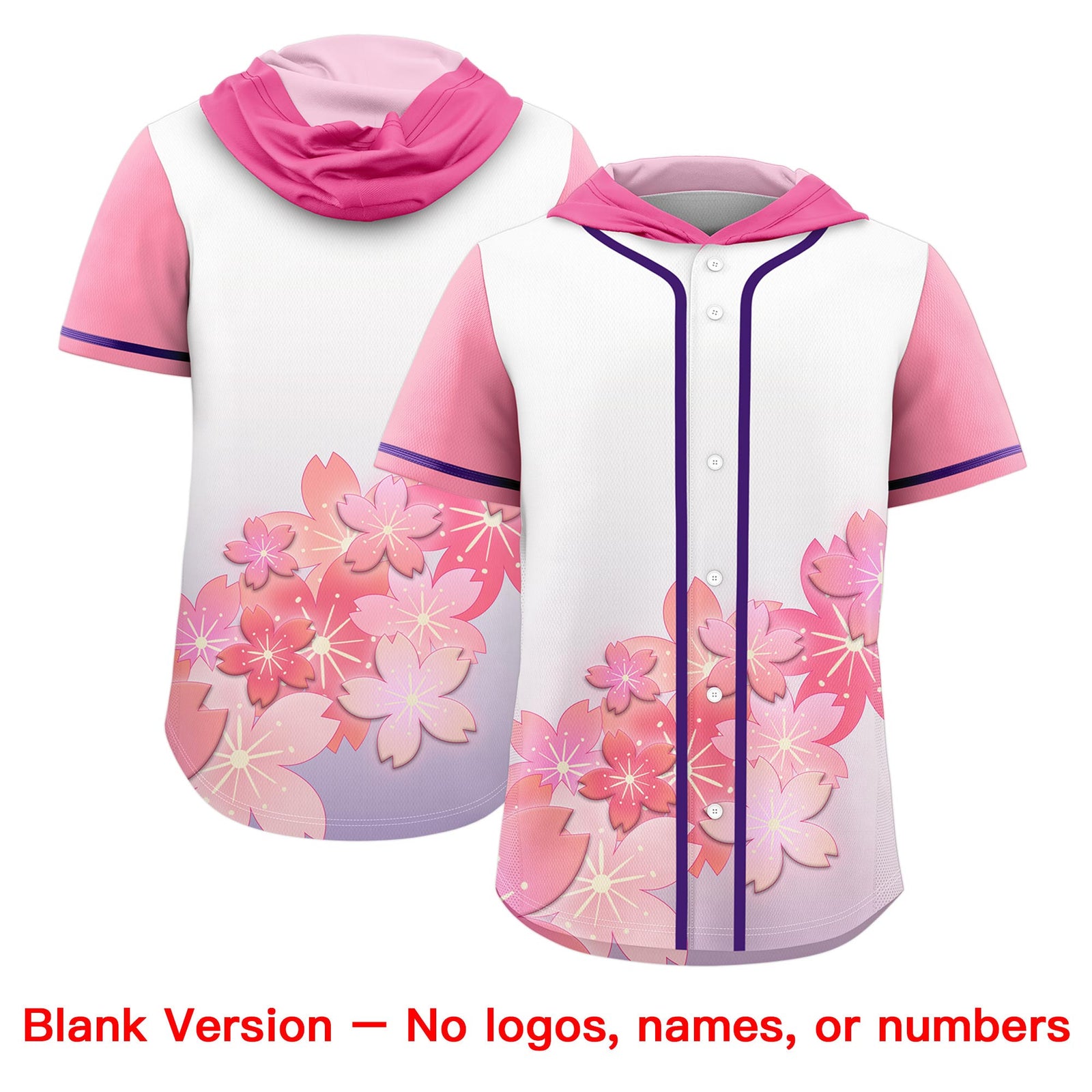 Custom Hooded Baseball Jersey | Pink Purple Cherry Blossom Breathable Athleisure Streetwear