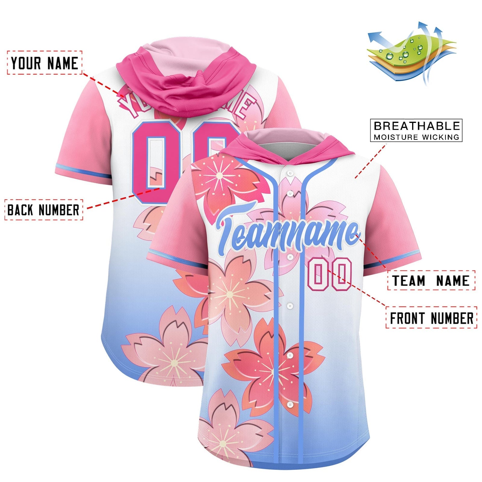 Custom Hooded Baseball Jersey | Pink Light Blue Cherry Blossom Personalized Name & Number Sport Jersey