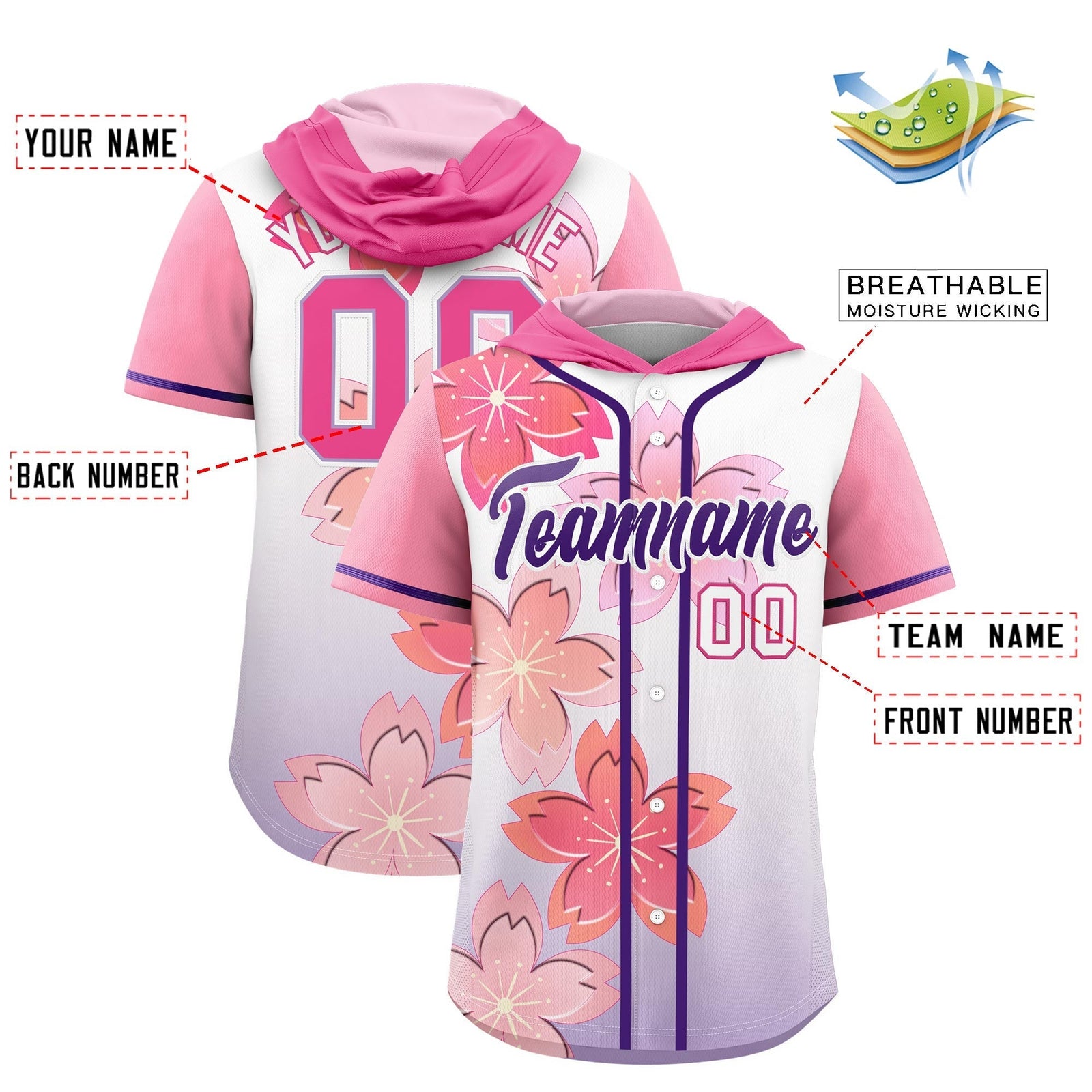 Custom Hooded Baseball Jersey | Pink Purple Cherry Blossom Breathable Athleisure Streetwear