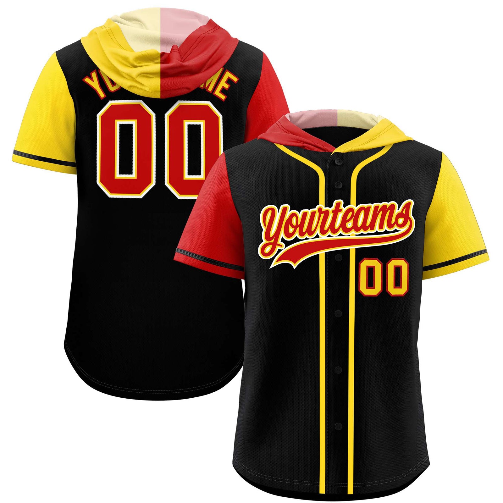 Custom Black Red and Gold Split Fashion Raglan Sleeves Authentic Baseball Hoodie Jersey