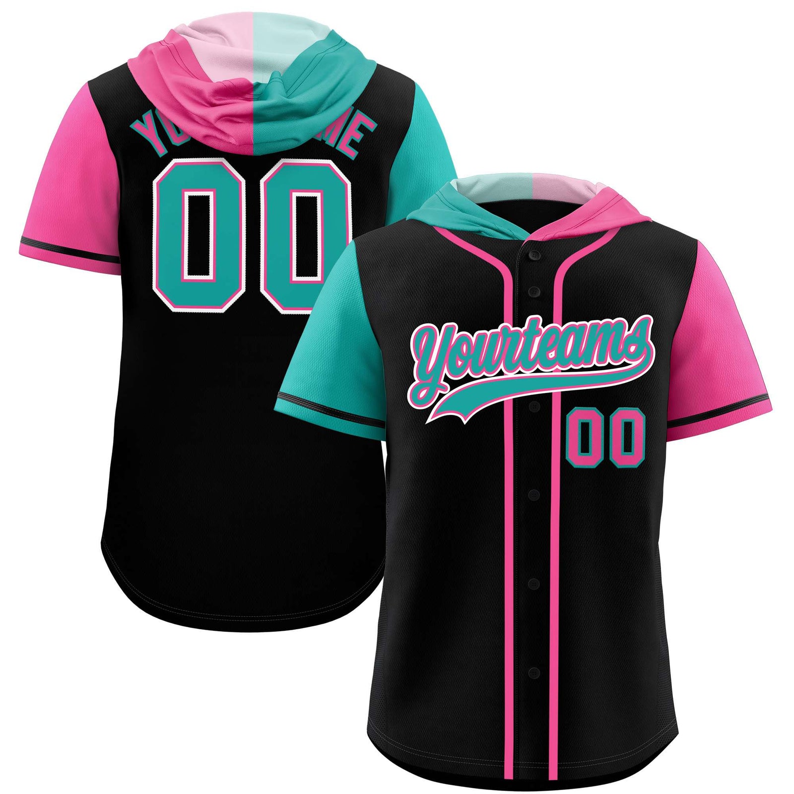 Custom Black Aqua and Pink Split Fashion Raglan Sleeves Authentic Baseball Hoodie Jersey
