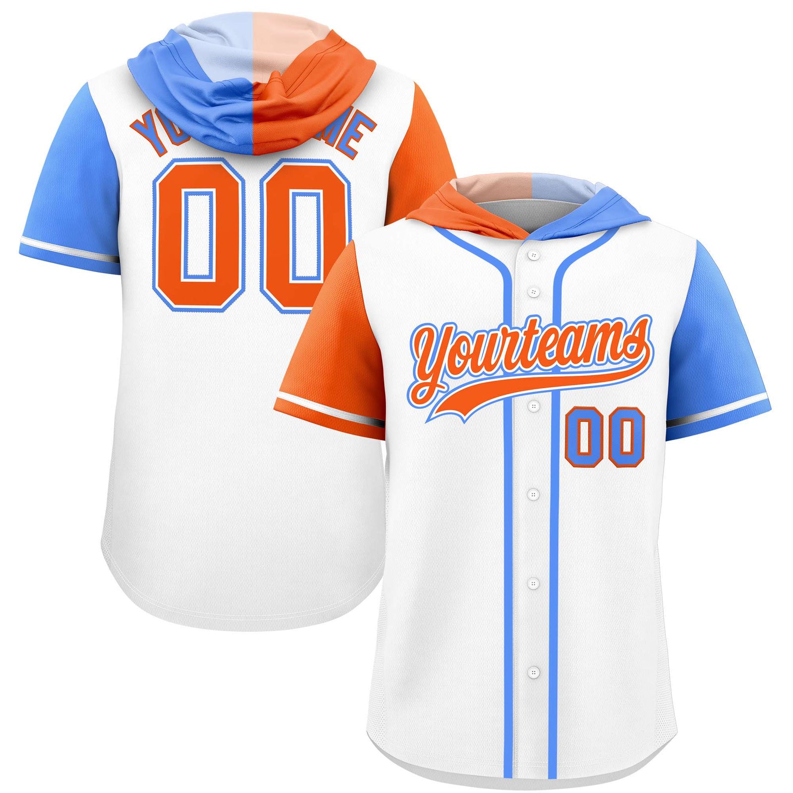 Custom White Orange and Powder Blue Split Fashion Raglan Sleeves Authentic Baseball Hoodie Jersey