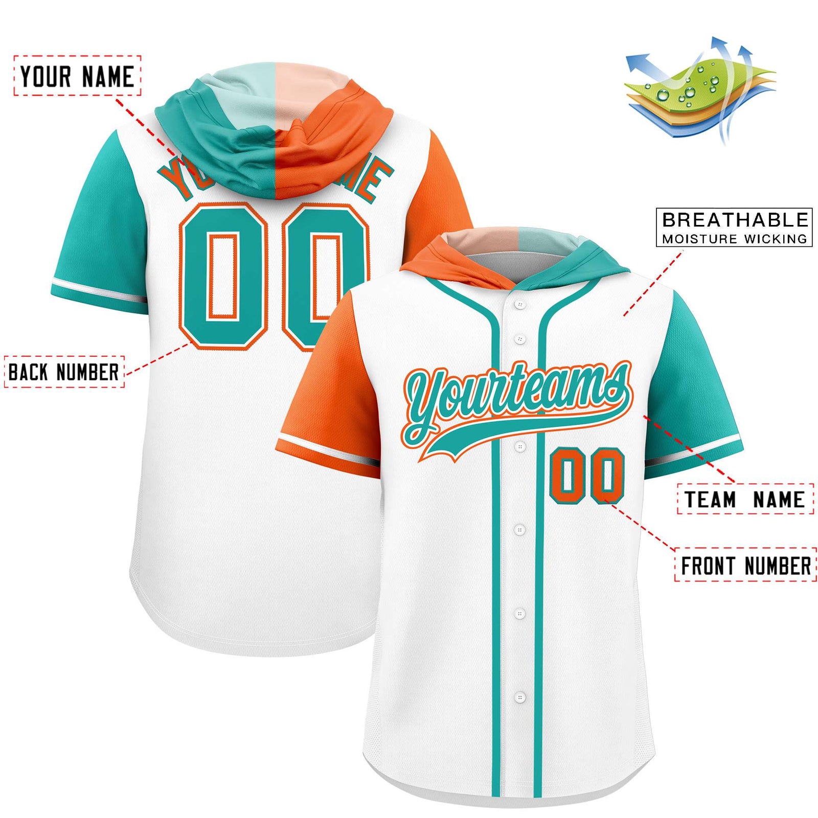 Custom White Orange and Aqua Split Fashion Raglan Sleeves Authentic Baseball Hoodie Jersey