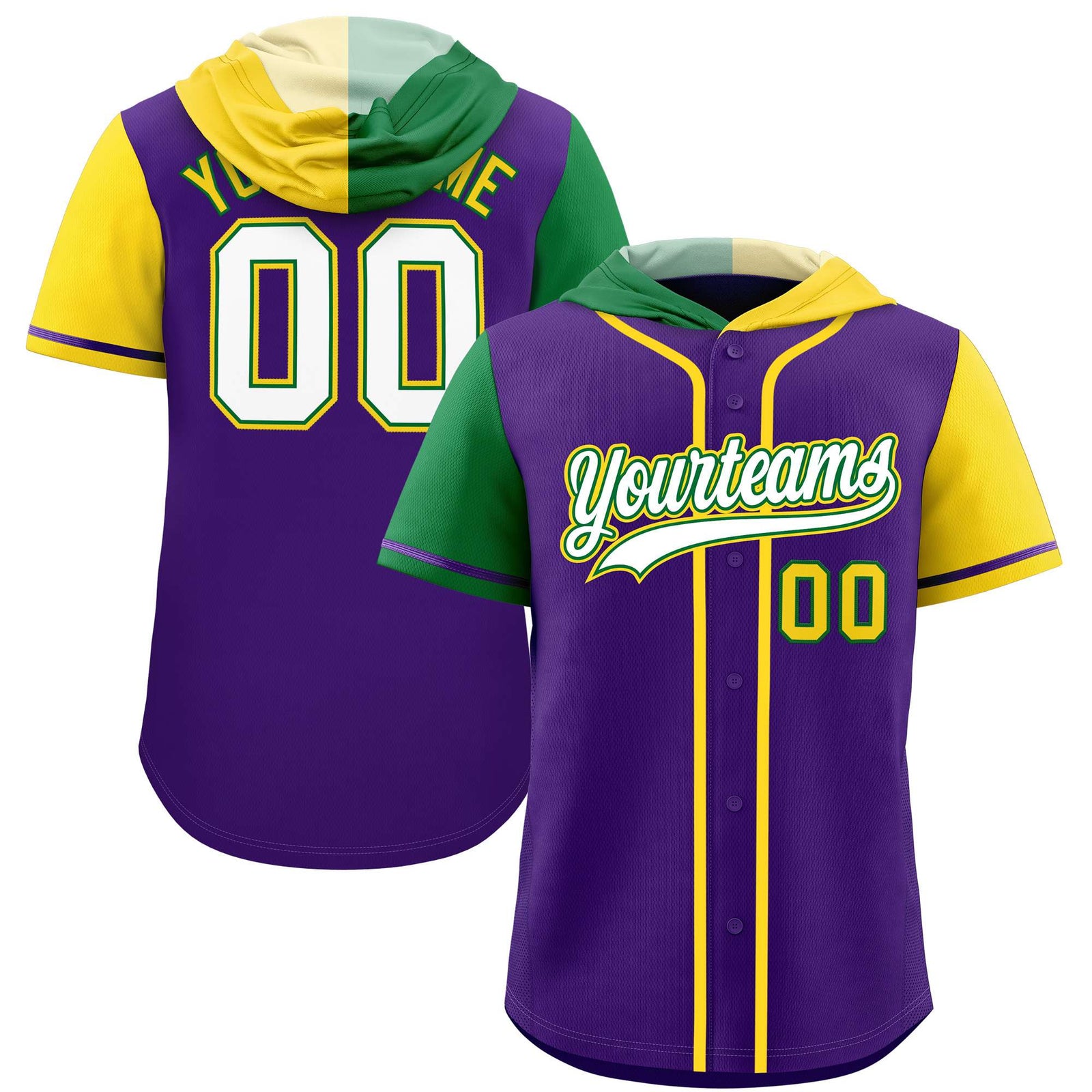 Custom Purple Kelly Green and Gold Split Fashion Raglan Sleeves Authentic Baseball Hoodie Jersey