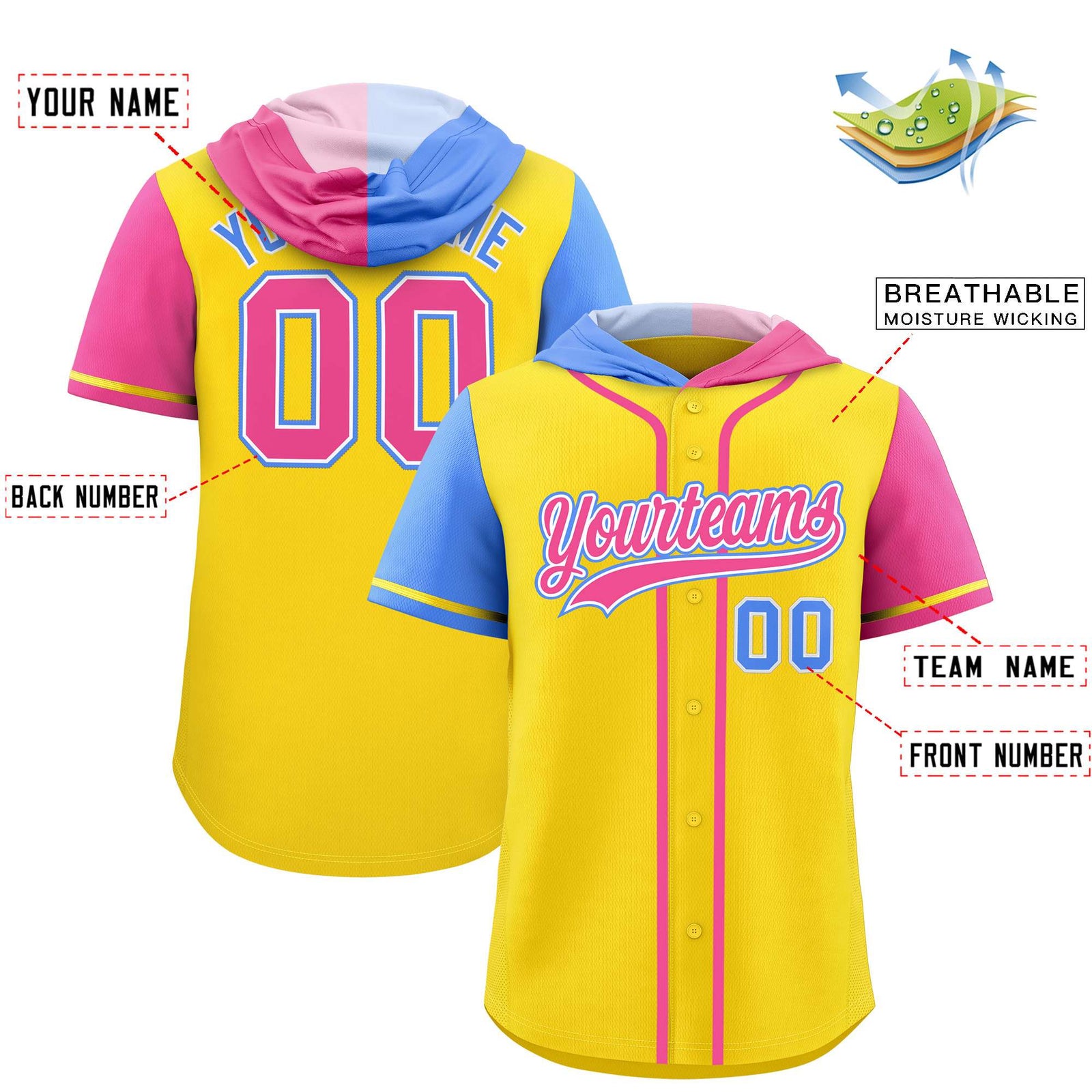 Custom Gold Powder Blue and Pink Split Fashion Raglan Sleeves Authentic Baseball Hoodie Jersey