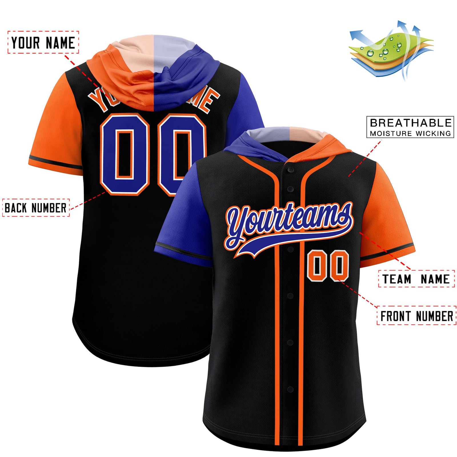 Custom Black Royal and Orange Split Fashion Raglan Sleeves Authentic Baseball Hoodie Jersey