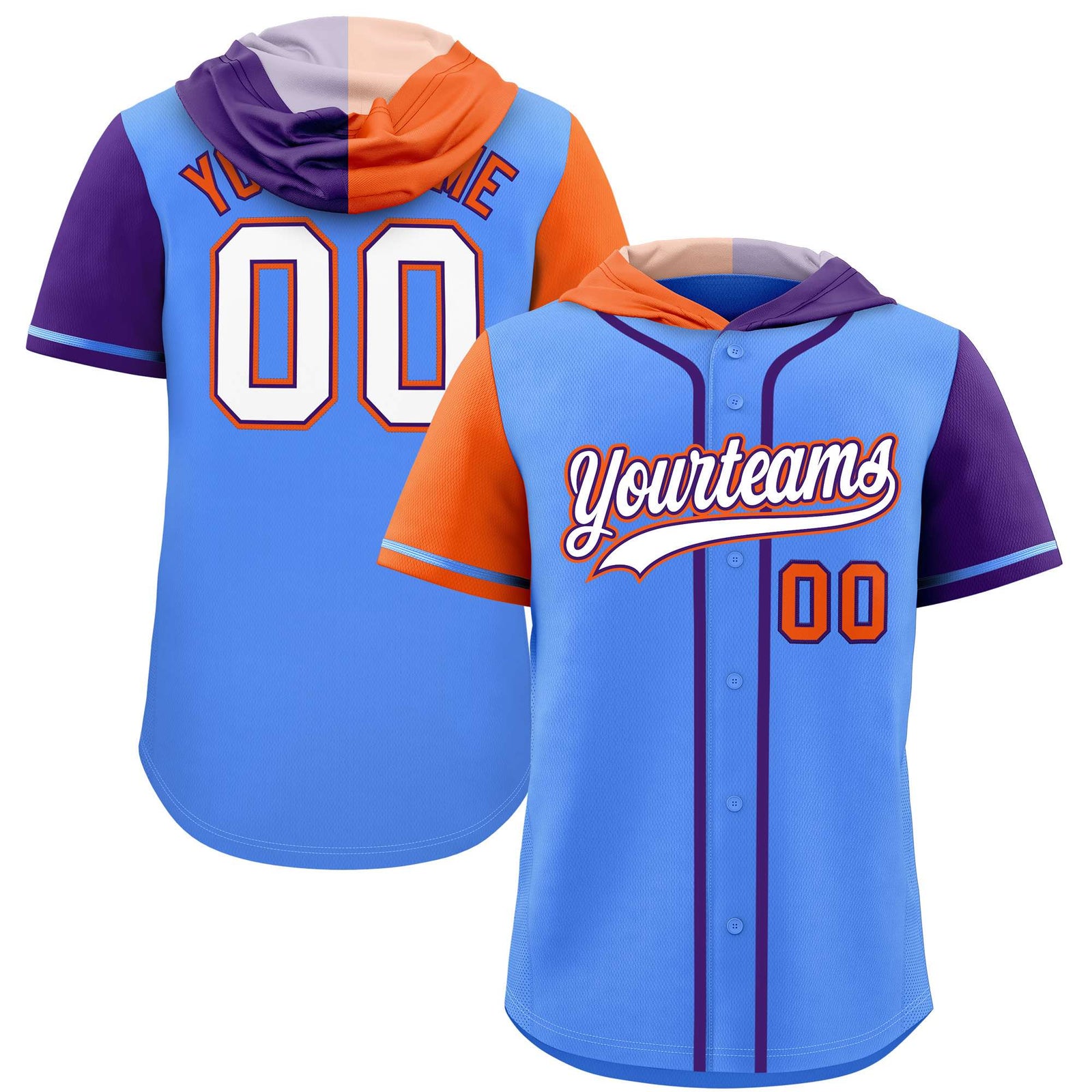 Custom Powder Blue Orange and Purple Split Fashion Raglan Sleeves Authentic Baseball Hoodie Jersey