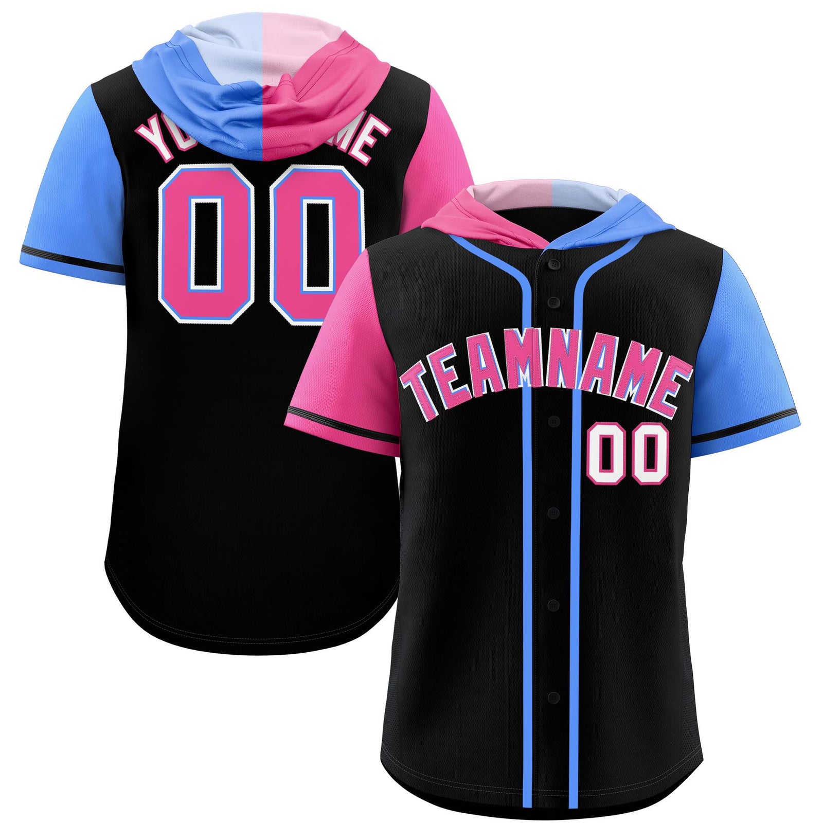 Custom Black Pink and Powder Blue Split Fashion Raglan Sleeves Authentic Baseball Hoodie Jersey