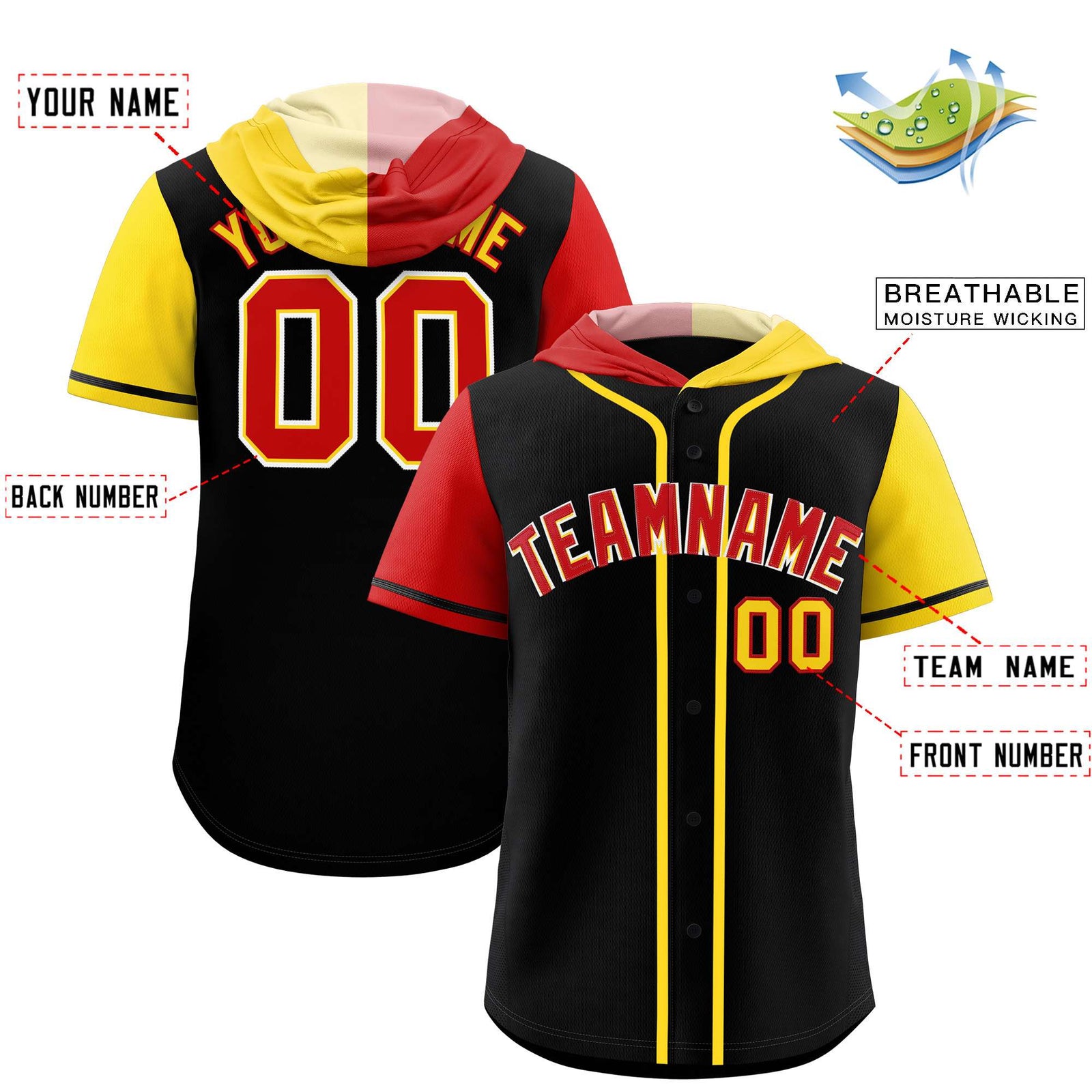 Custom Black Red and Gold Split Fashion Raglan Sleeves Authentic Baseball Hoodie Jersey