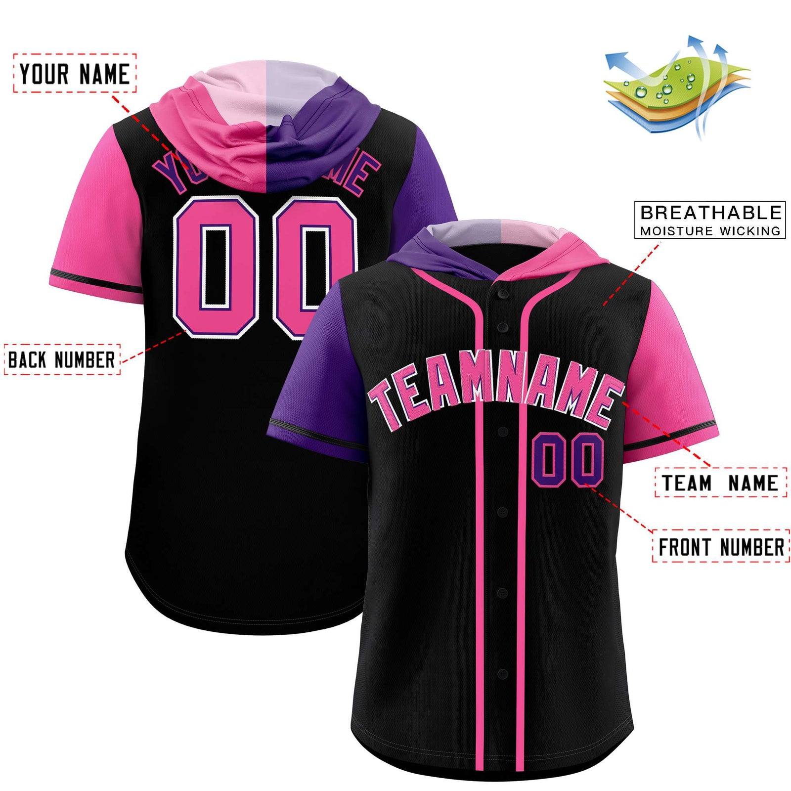 Custom Black Purple and Pink Split Fashion Raglan Sleeves Authentic Baseball Hoodie Jersey