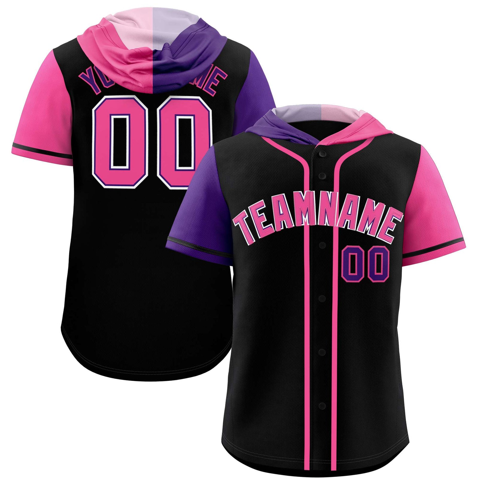 Custom Black Purple and Pink Split Fashion Raglan Sleeves Authentic Baseball Hoodie Jersey
