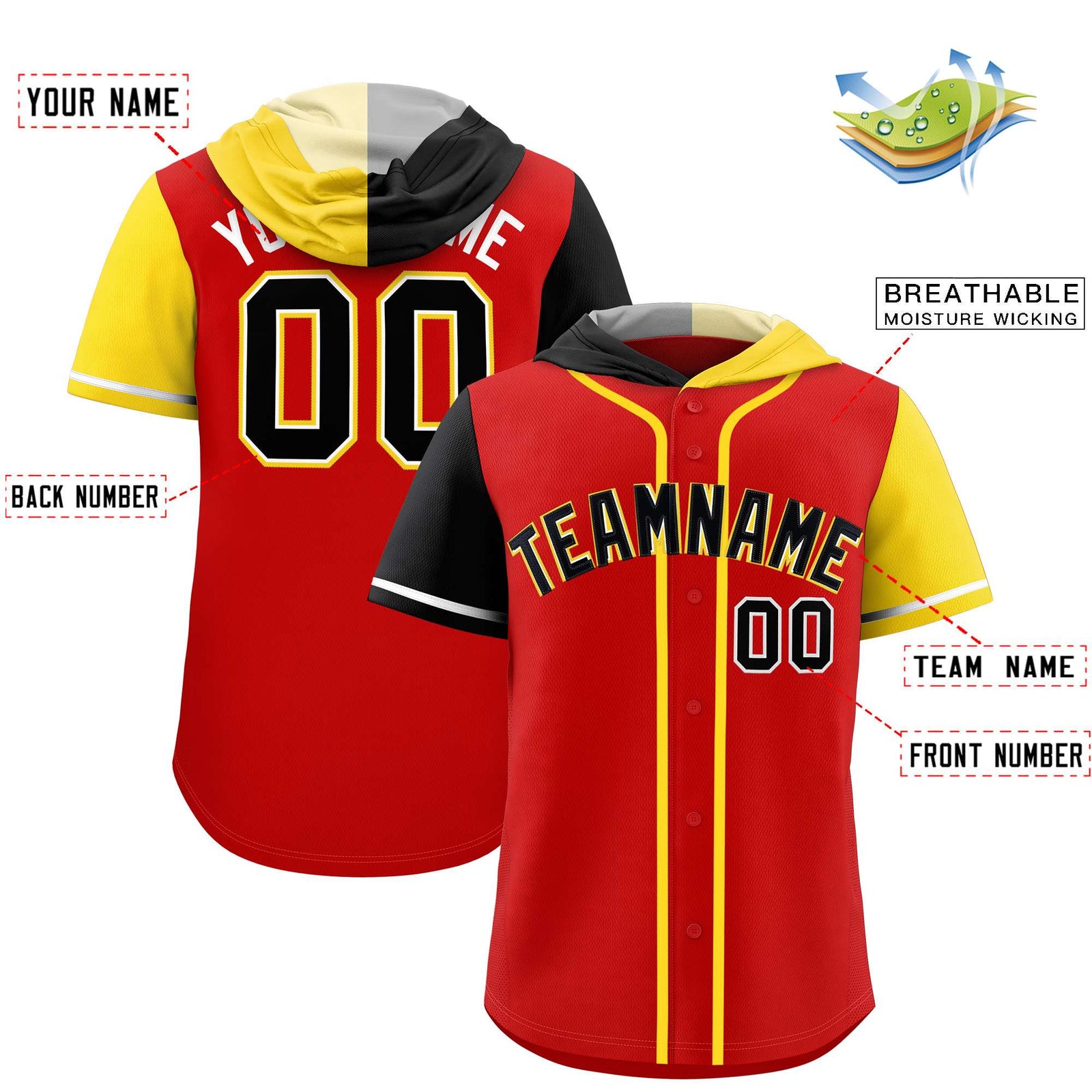 Custom Red Black and Gold Split Fashion Raglan Sleeves Authentic Baseball Hoodie Jersey
