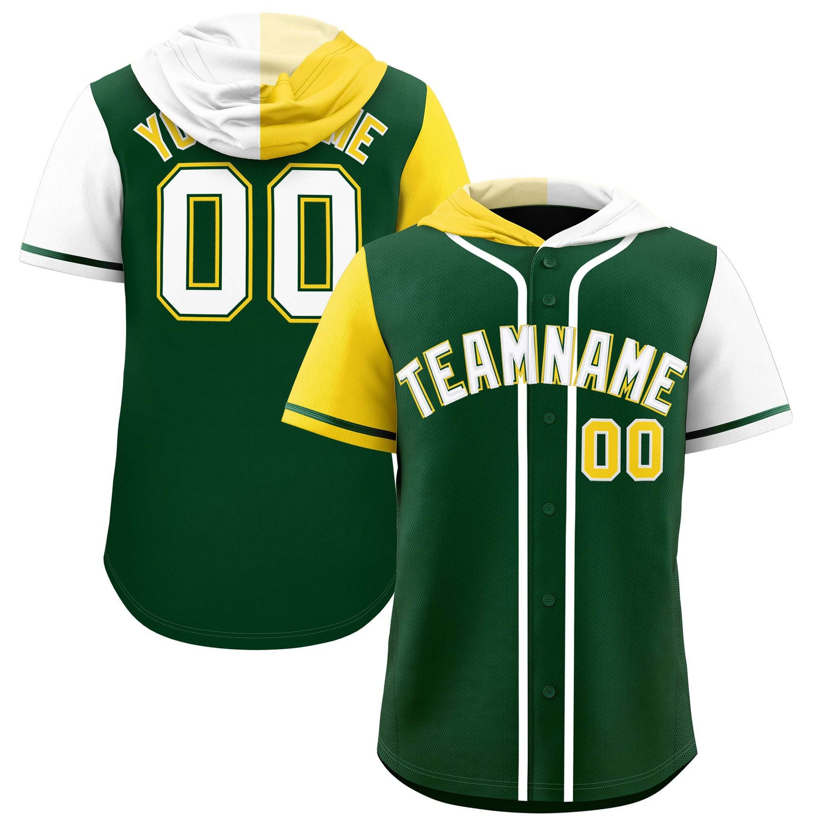 Custom Green Gold and White Split Fashion Raglan Sleeves Authentic Baseball Hoodie Jersey
