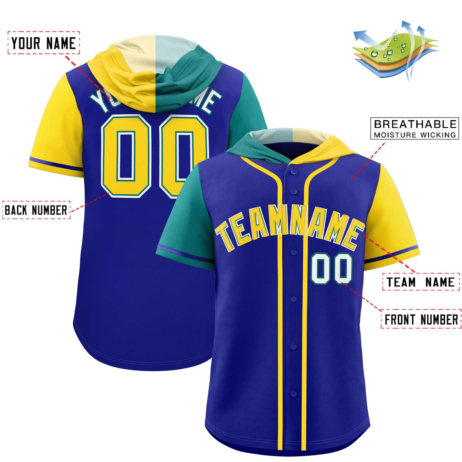 Custom Royal Aqua and Gold Split Fashion Raglan Sleeves Authentic Baseball Hoodie Jersey