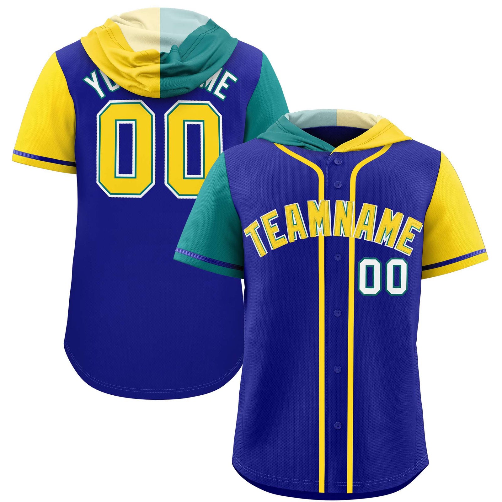Custom Royal Aqua and Gold Split Fashion Raglan Sleeves Authentic Baseball Hoodie Jersey