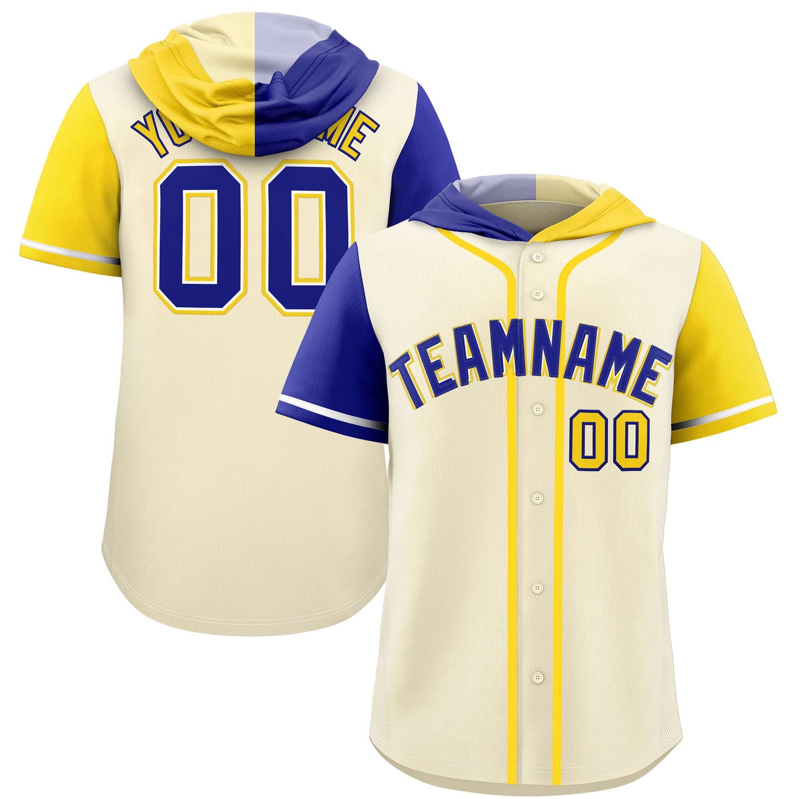Custom Cream Royal and Gold Split Fashion Raglan Sleeves Authentic Baseball Hoodie Jersey