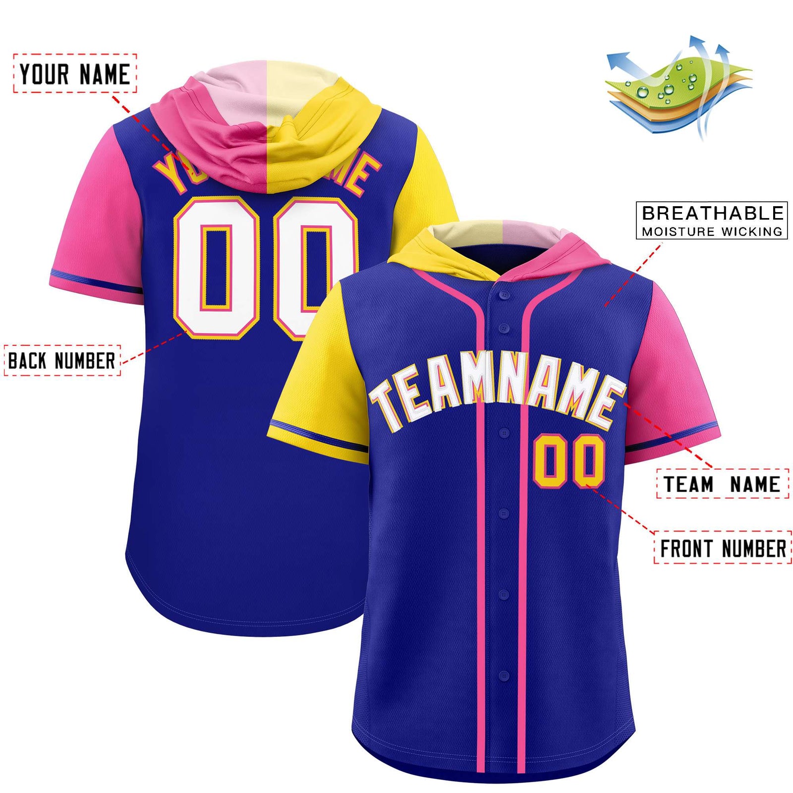 Custom Royal Gold and Pink Split Fashion Raglan Sleeves Authentic Baseball Hoodie Jersey
