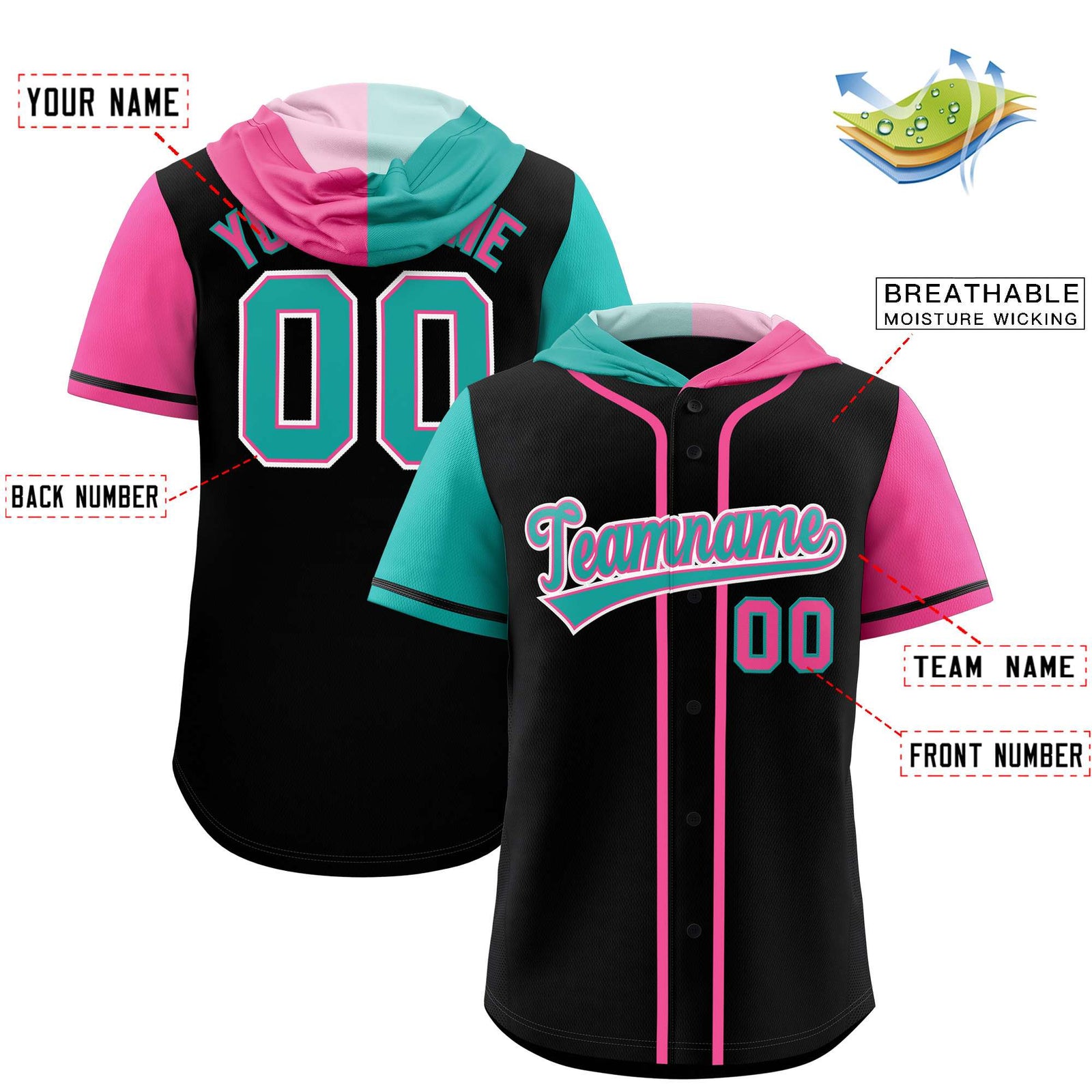 Custom Black Aqua and Pink Split Fashion Raglan Sleeves Authentic Baseball Hoodie Jersey