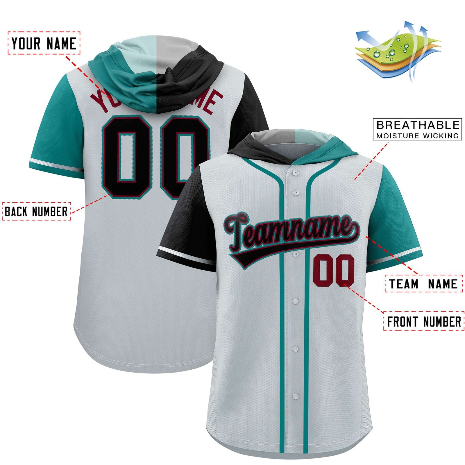 Custom Silver Black and Aqua Split Fashion Raglan Sleeves Authentic Baseball Hoodie Jersey