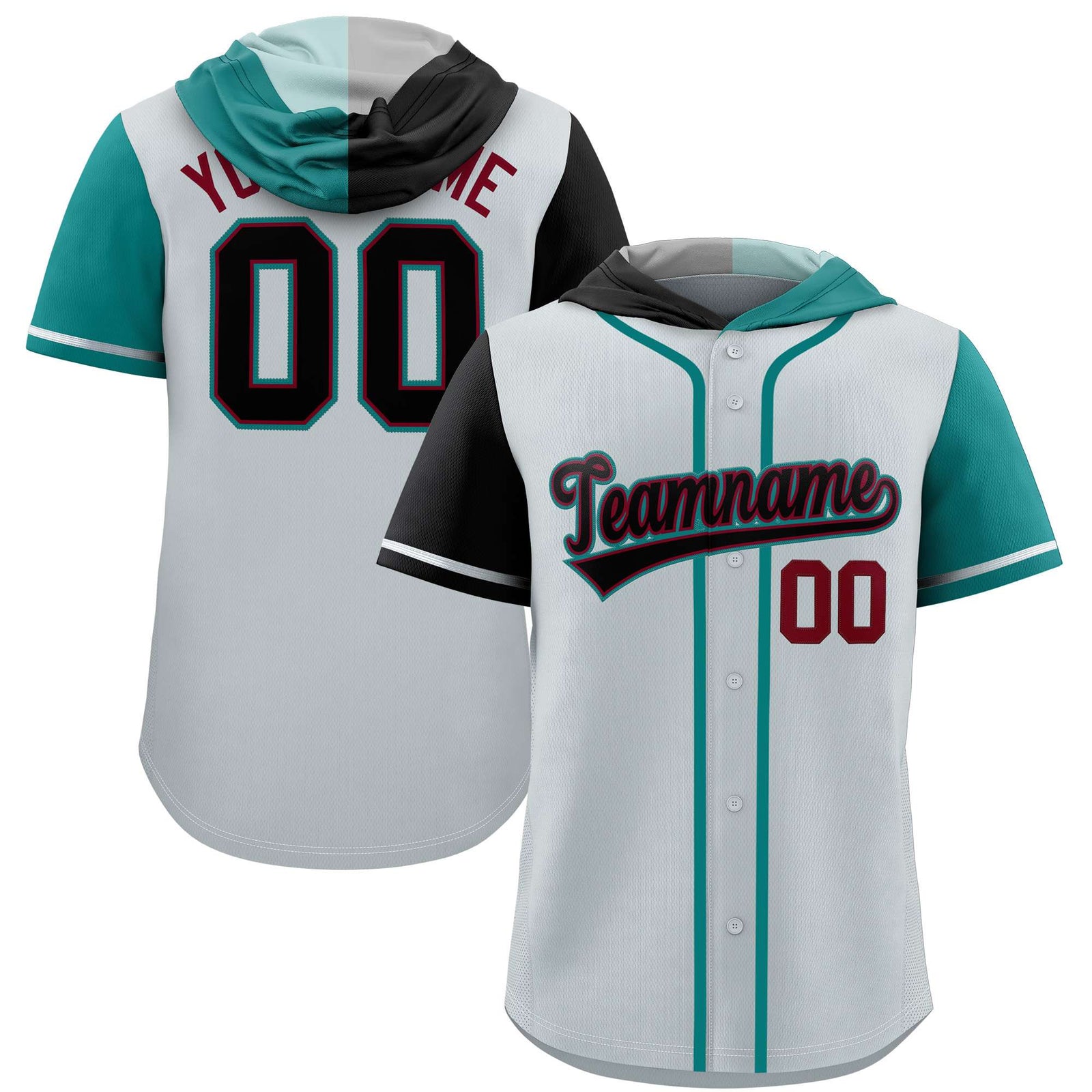 Custom Silver Black and Aqua Split Fashion Raglan Sleeves Authentic Baseball Hoodie Jersey