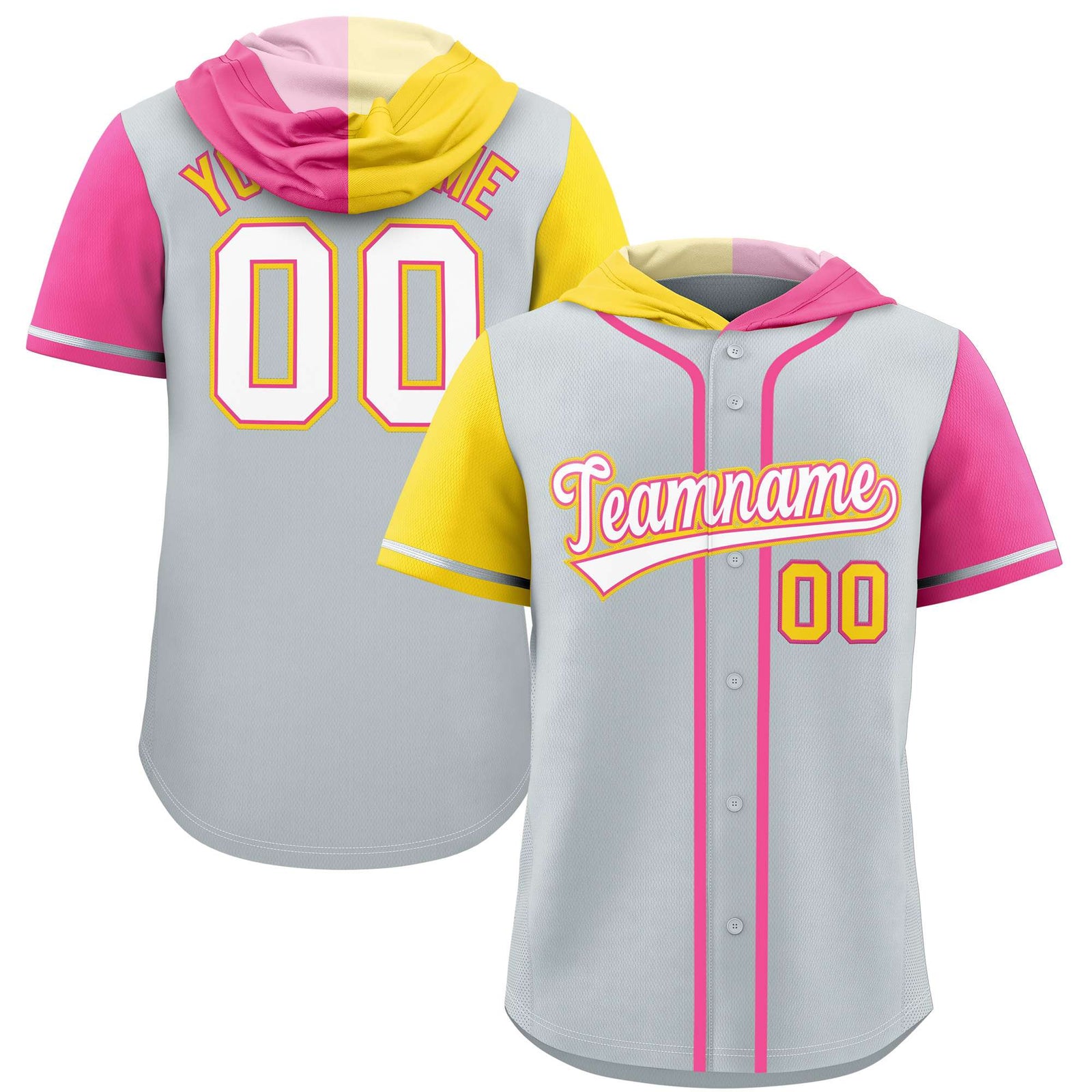 Custom Silver Gold and Pink Split Fashion Raglan Sleeves Authentic Baseball Hoodie Jersey