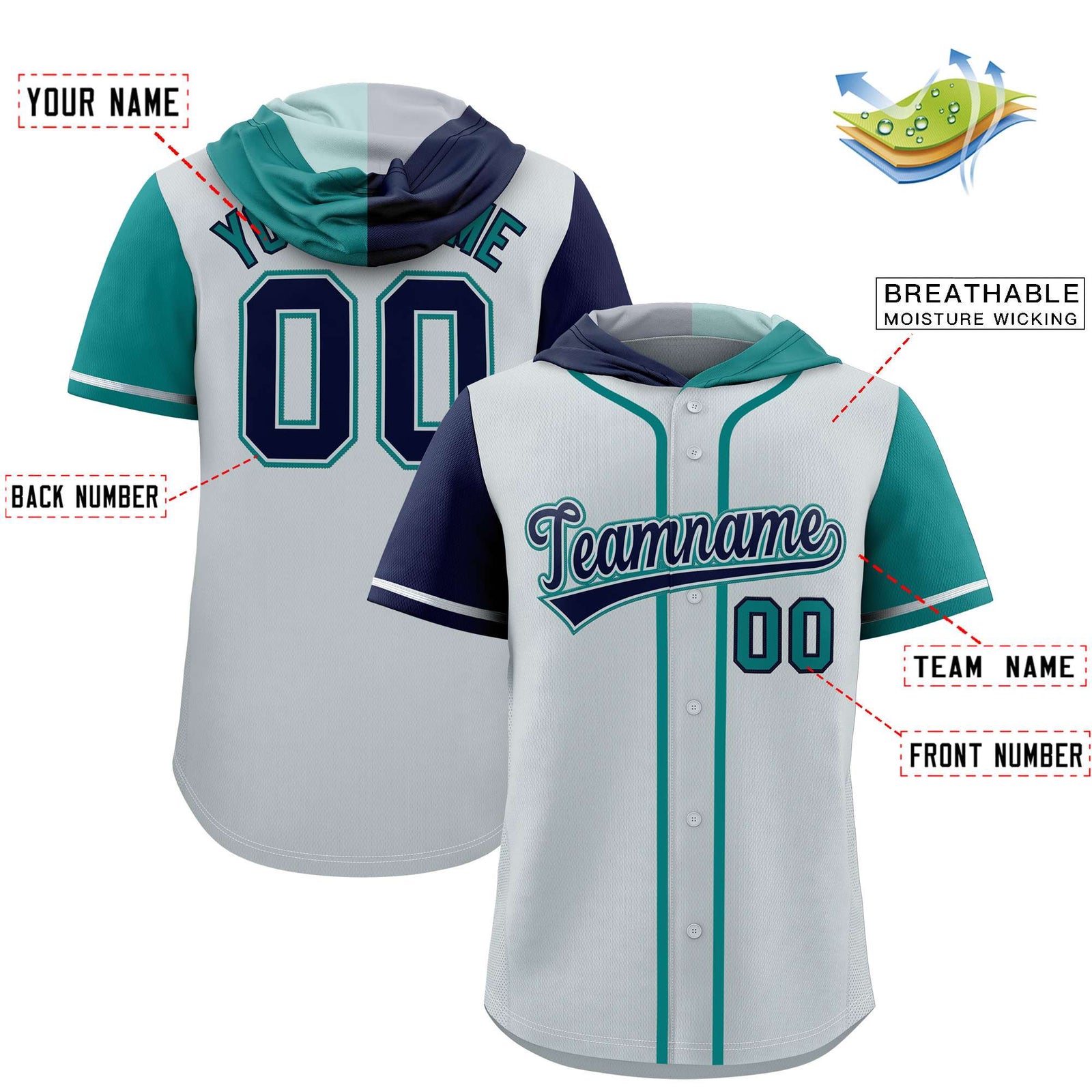 Custom Silver Navy and Aqua Split Fashion Raglan Sleeves Authentic Baseball Hoodie Jersey