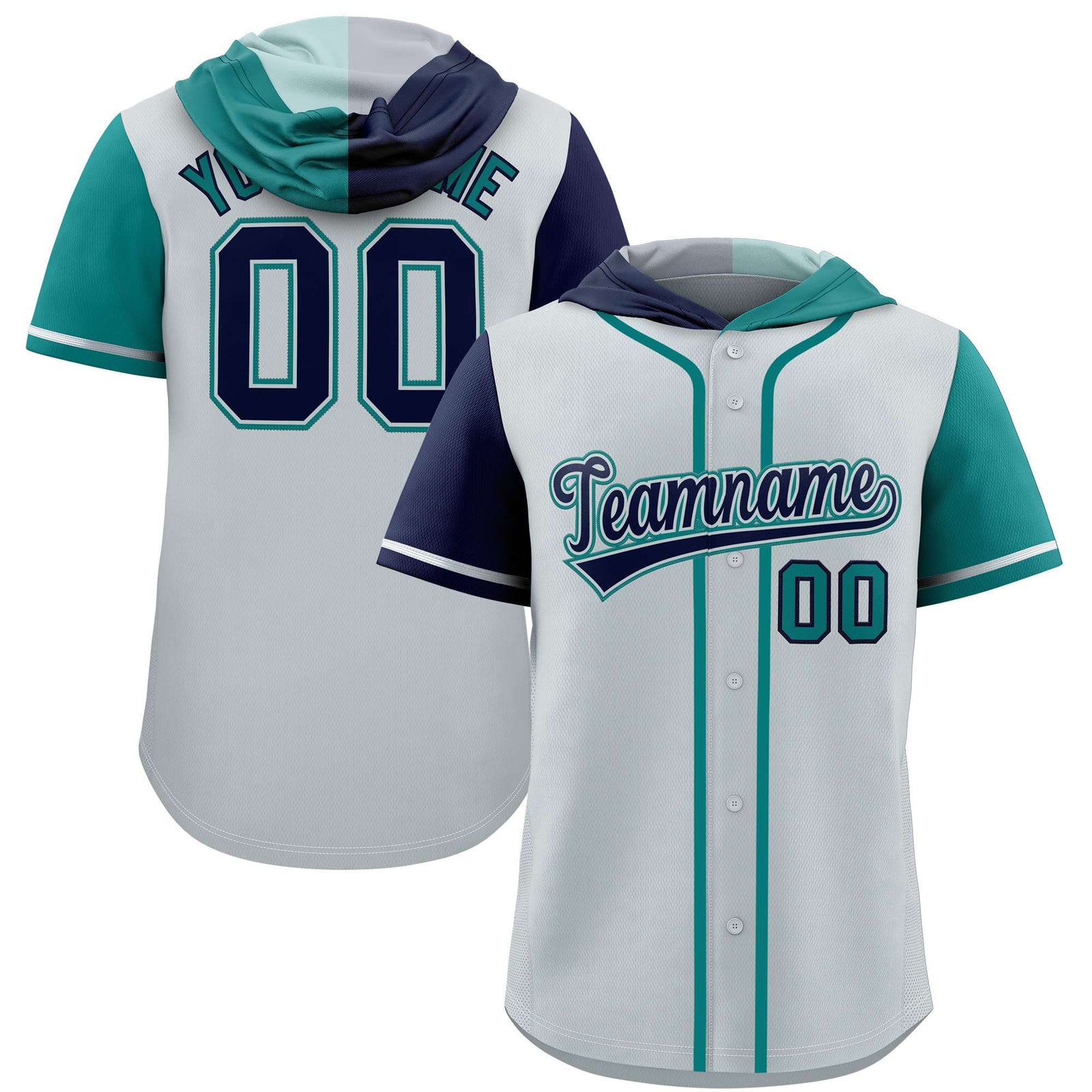 Custom Silver Navy and Aqua Split Fashion Raglan Sleeves Authentic Baseball Hoodie Jersey