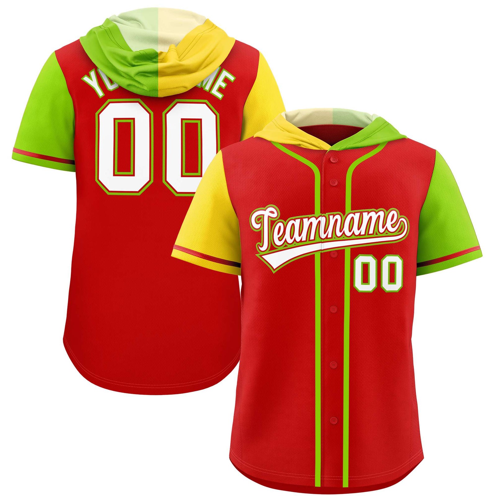 Custom Red Gold and Neon Green Split Fashion Raglan Sleeves Authentic Baseball Hoodie Jersey