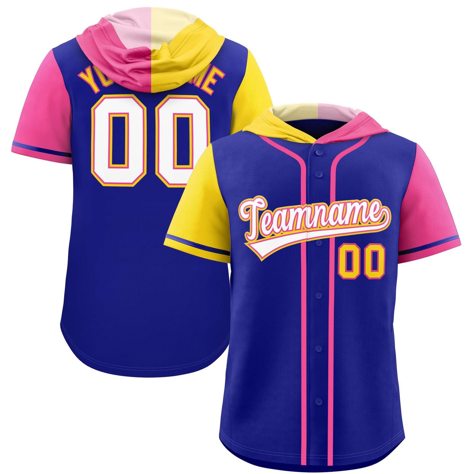 Custom Royal Gold and Pink Split Fashion Raglan Sleeves Authentic Baseball Hoodie Jersey