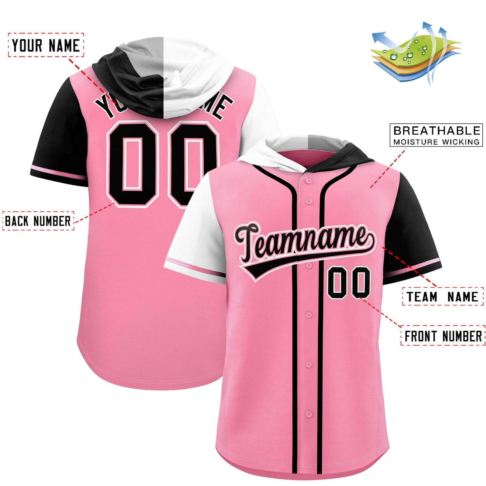 Custom Light Pink White and Black Split Fashion Raglan Sleeves Authentic Baseball Hoodie Jersey