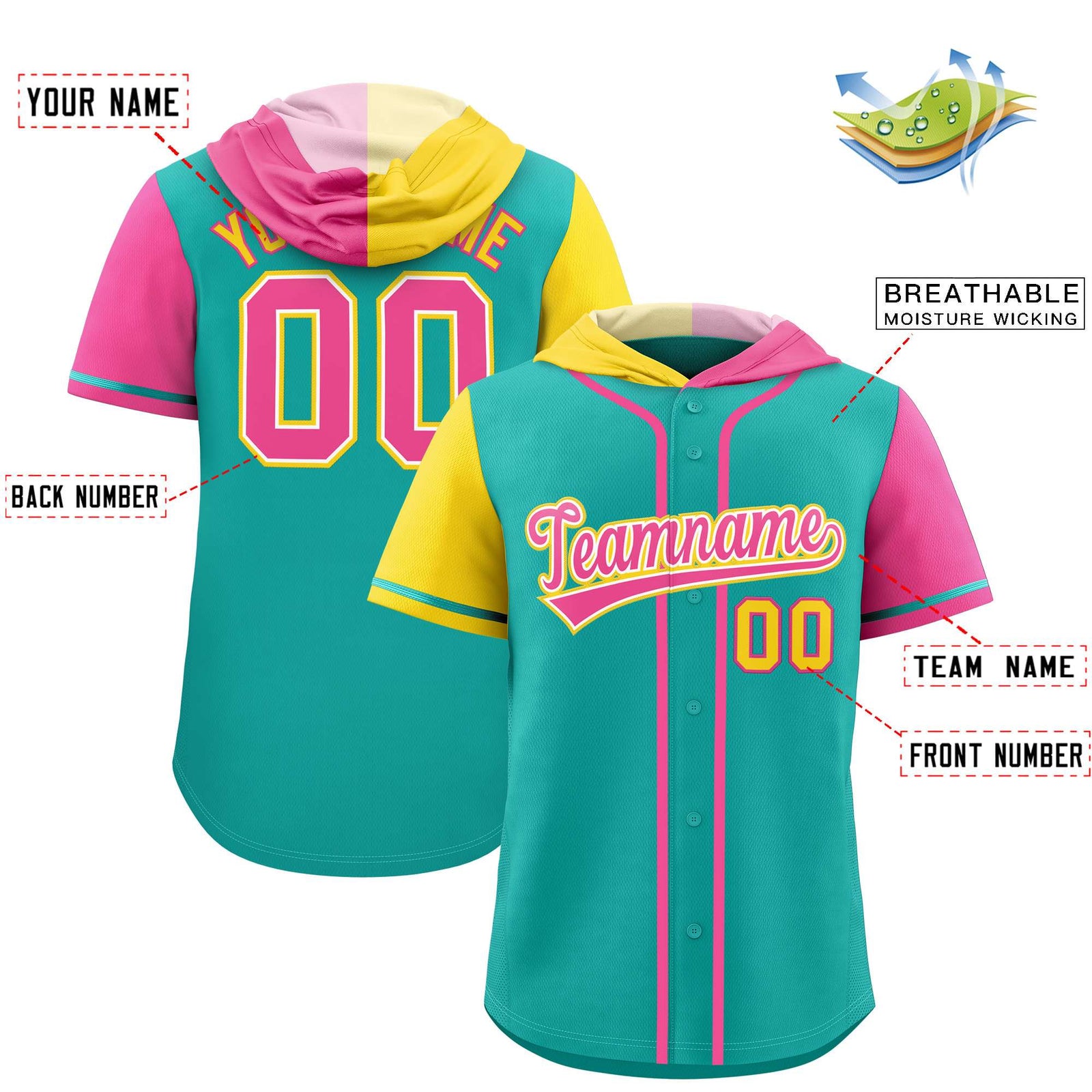 Custom Aqua Gold and Pink Split Fashion Raglan Sleeves Authentic Baseball Hoodie Jersey