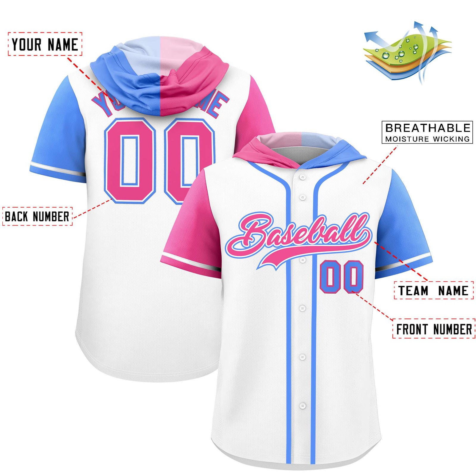 Custom White Pink and Powder Blue Split Fashion Raglan Sleeves Authentic Baseball Hoodie Jersey