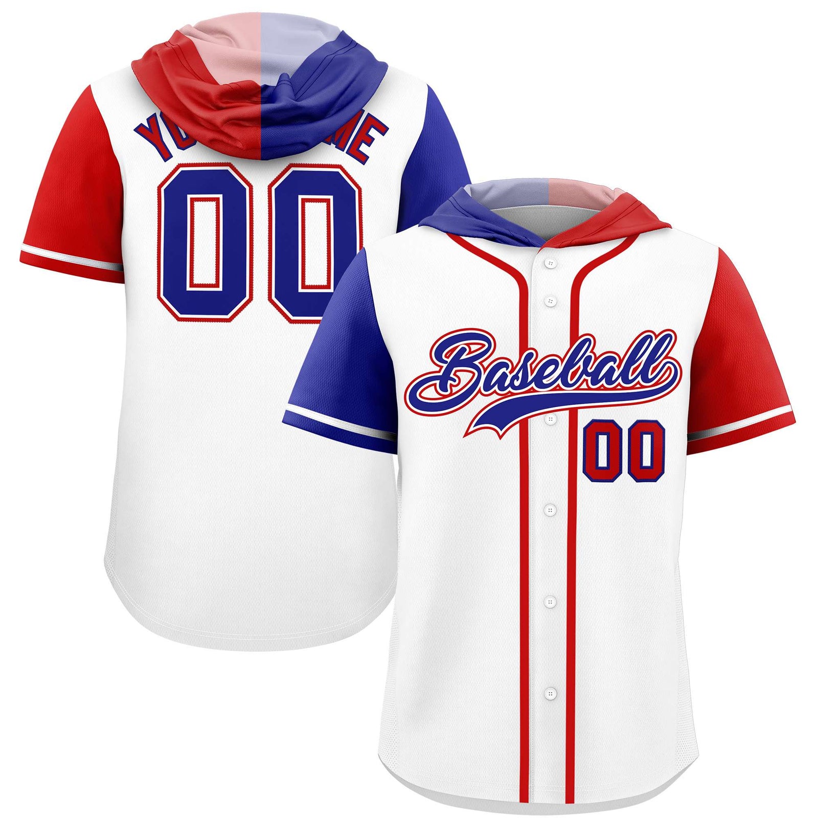 Custom White Royal and Red Split Fashion Raglan Sleeves Authentic Baseball Hoodie Jersey