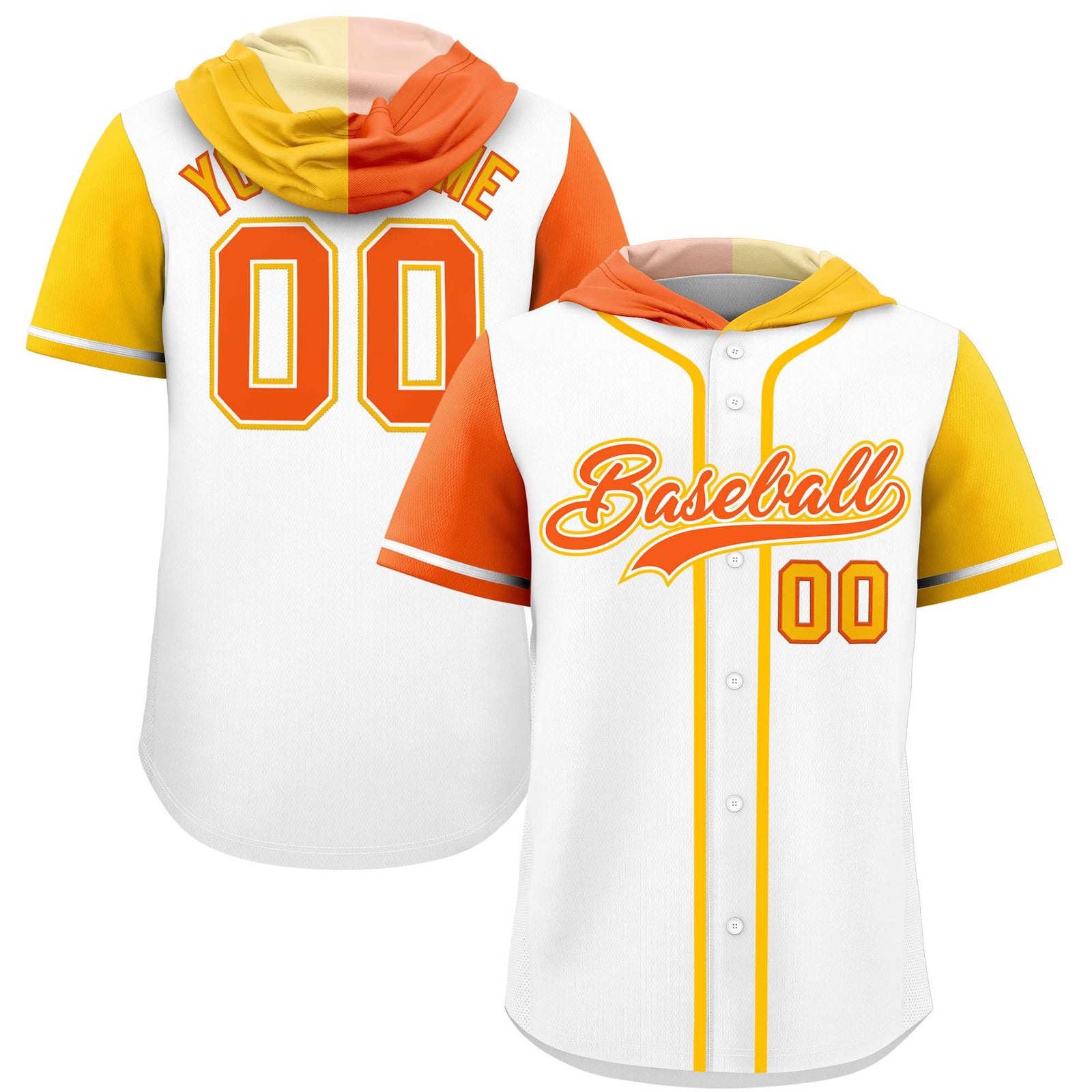 Custom White Orange and Gold Split Fashion Raglan Sleeves Authentic Baseball Hoodie Jersey