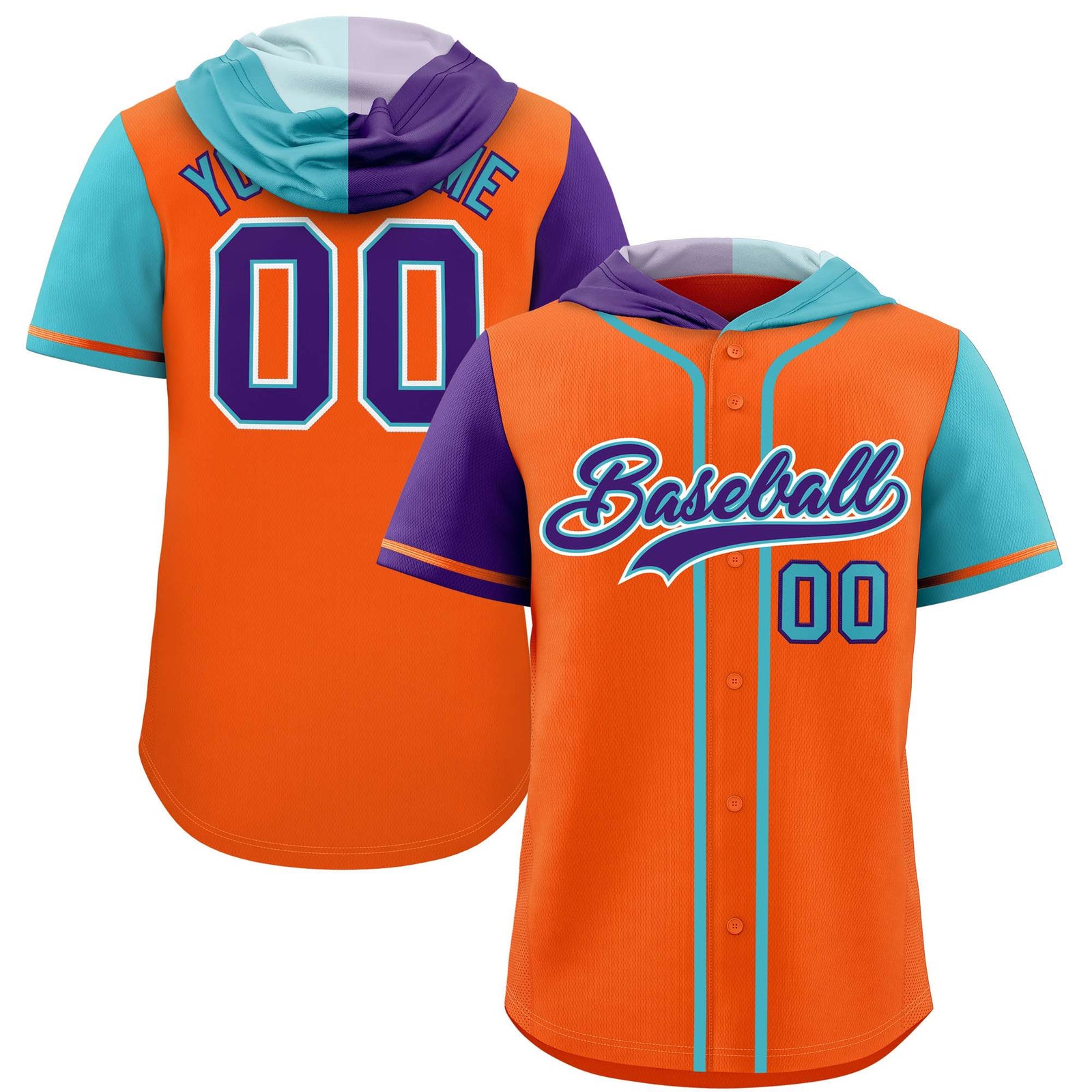 Custom Orange Purple and Sky Blue Split Fashion Raglan Sleeves Authentic Baseball Hoodie Jersey