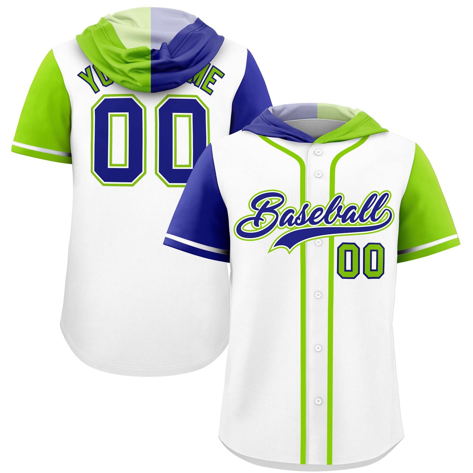 Custom White Royal and Neon Green Split Fashion Raglan Sleeves Authentic Baseball Hoodie Jersey