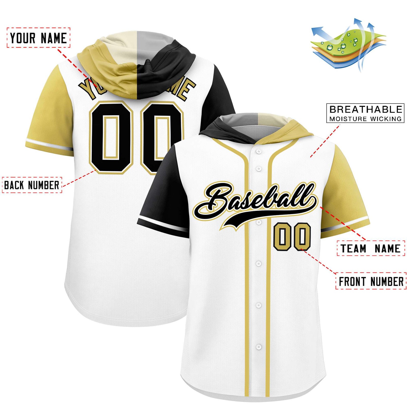 Custom White Black and Old Gold Split Fashion Raglan Sleeves Authentic Baseball Hoodie Jersey