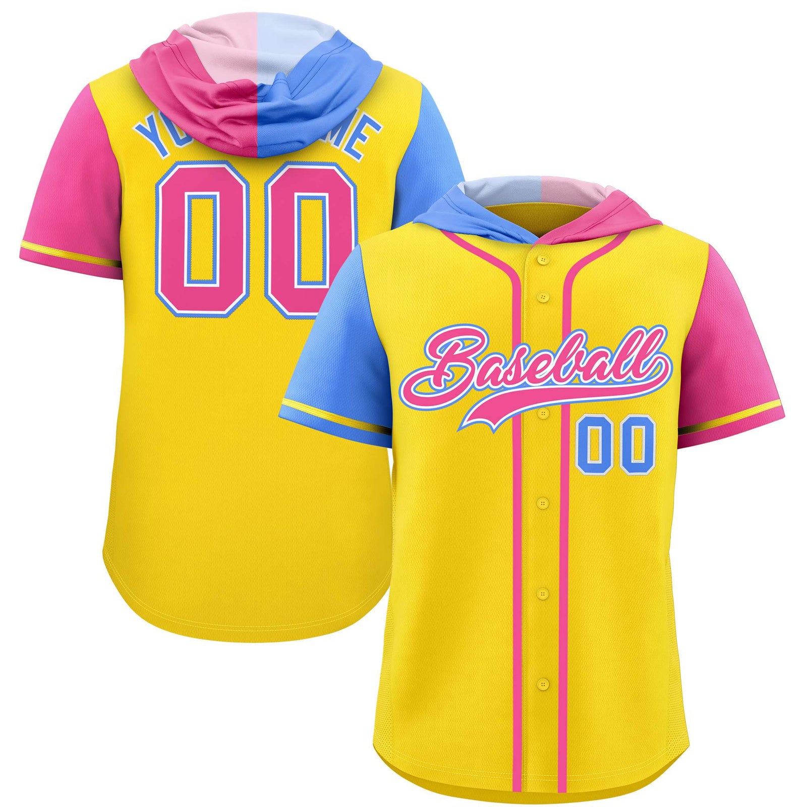 Custom Gold Powder Blue and Pink Split Fashion Raglan Sleeves Authentic Baseball Hoodie Jersey