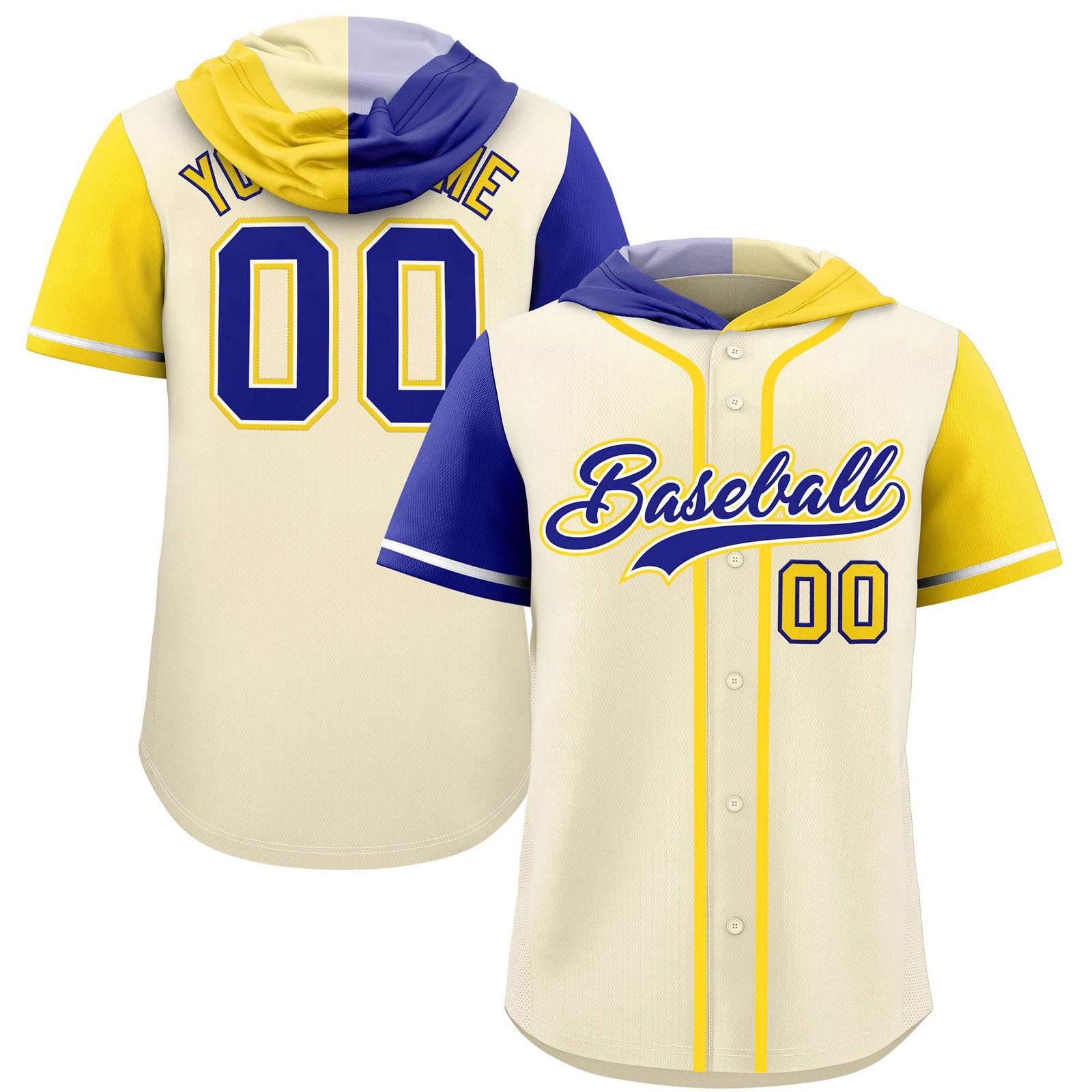 Custom Cream Royal and Gold Split Fashion Raglan Sleeves Authentic Baseball Hoodie Jersey