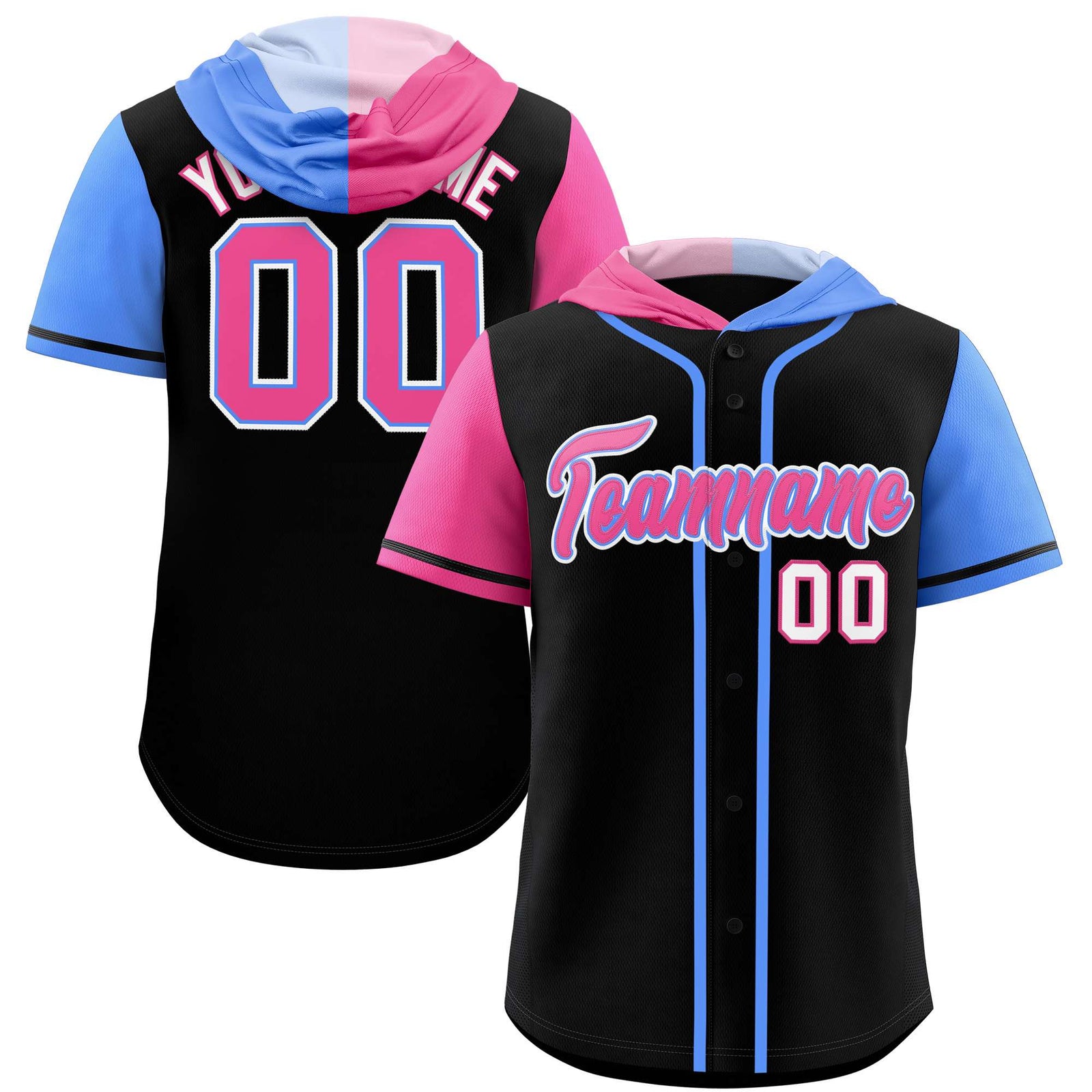 Custom Black Pink and Powder Blue Split Fashion Raglan Sleeves Authentic Baseball Hoodie Jersey
