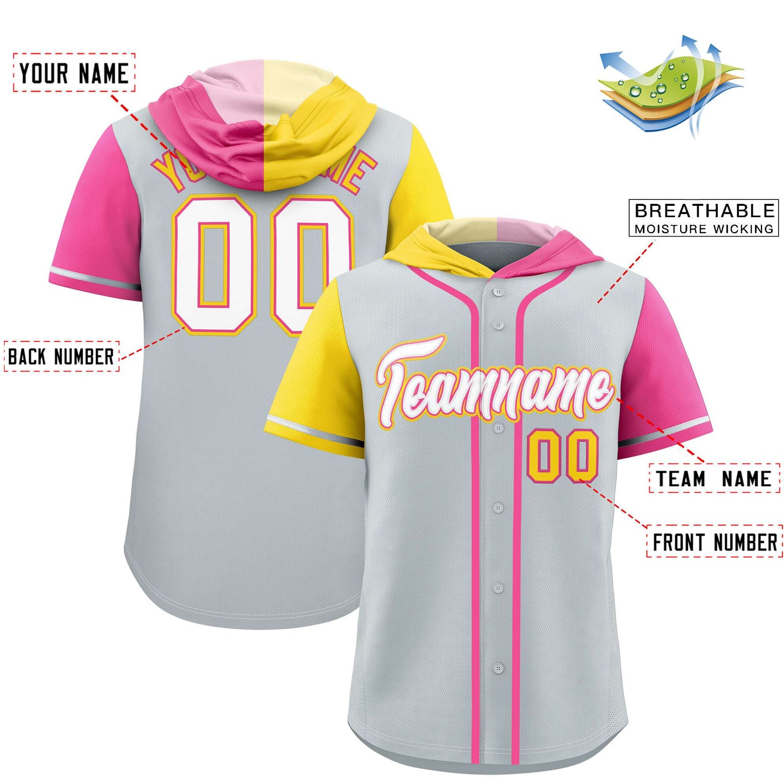 Custom Silver Gold and Pink Split Fashion Raglan Sleeves Authentic Baseball Hoodie Jersey