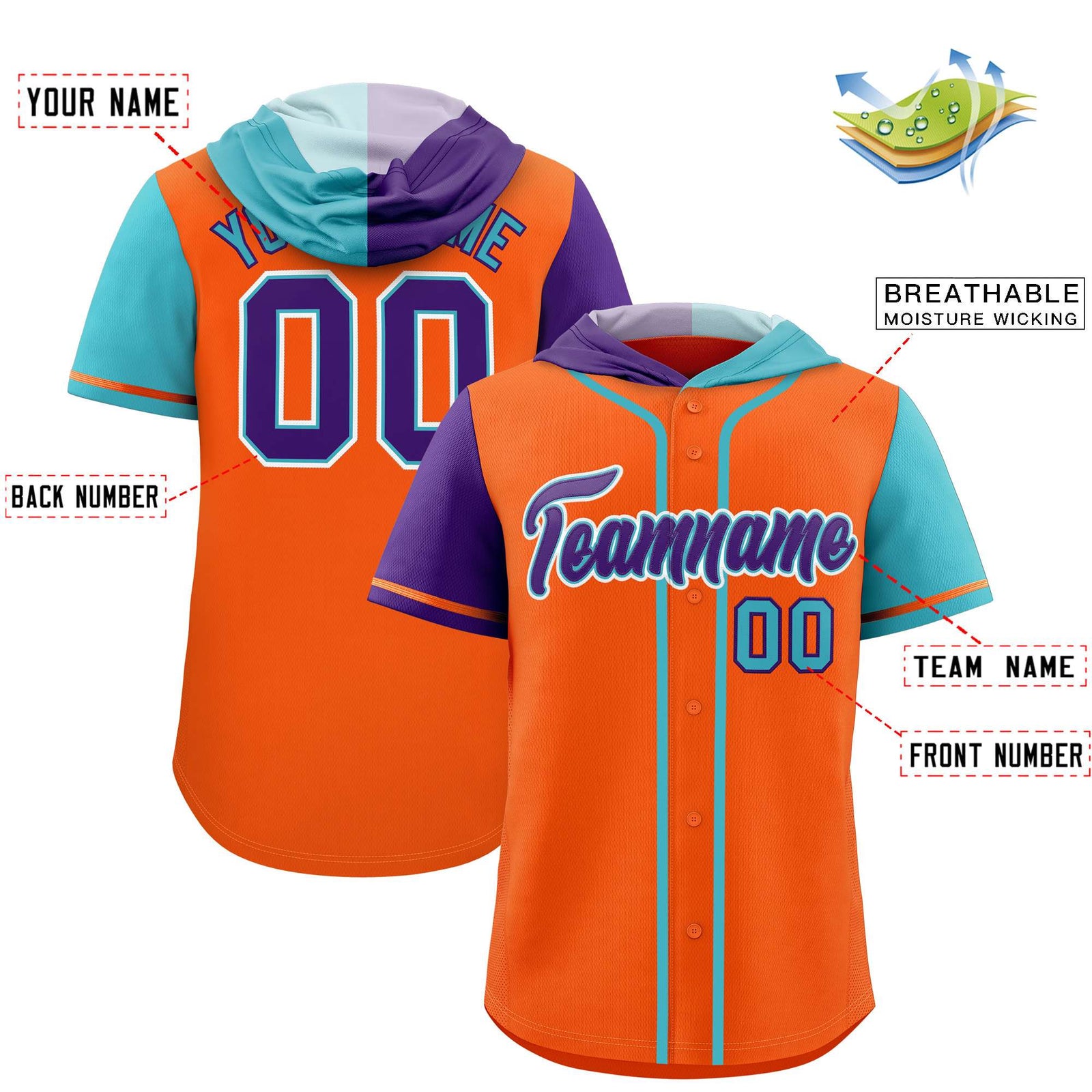 Custom Orange Purple and Sky Blue Split Fashion Raglan Sleeves Authentic Baseball Hoodie Jersey