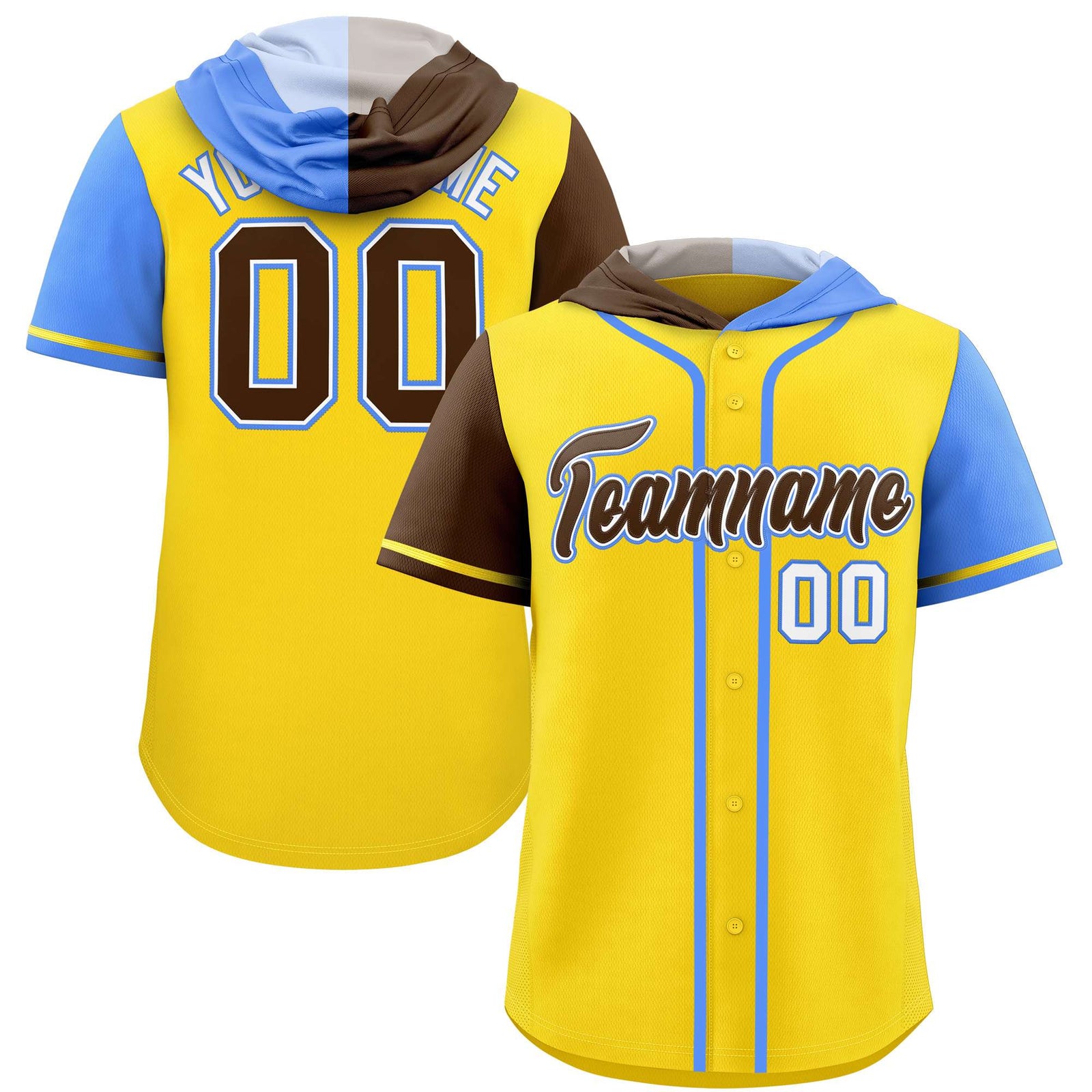 Custom Gold Brown and Powder Blue Split Fashion Raglan Sleeves Authentic Baseball Hoodie Jersey